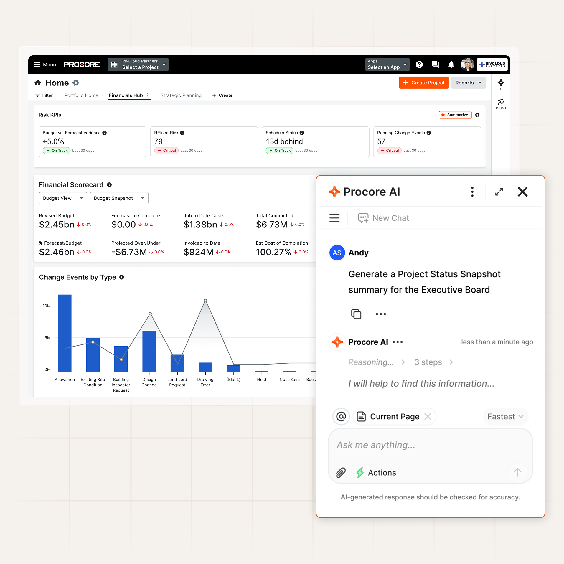 Project management dashboard with financial metrics and AI chat assistant generating executive status report