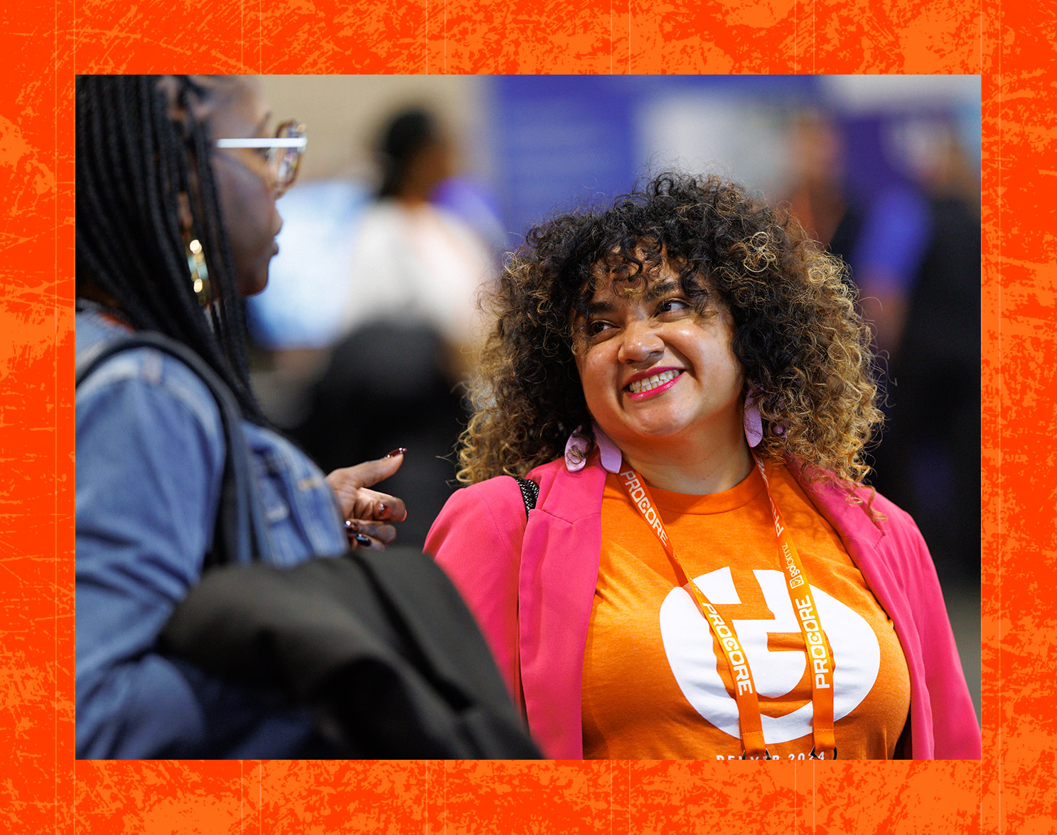 Two women having a conversation at Groundbreak