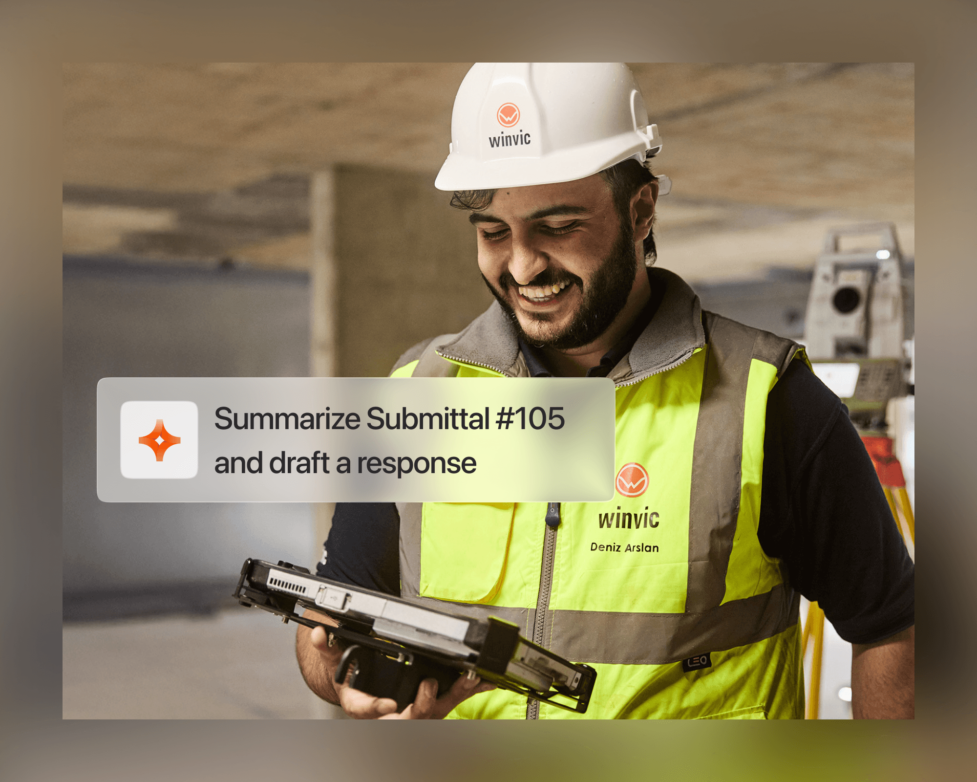 Construction worker in safety gear holding surveying equipment on job site