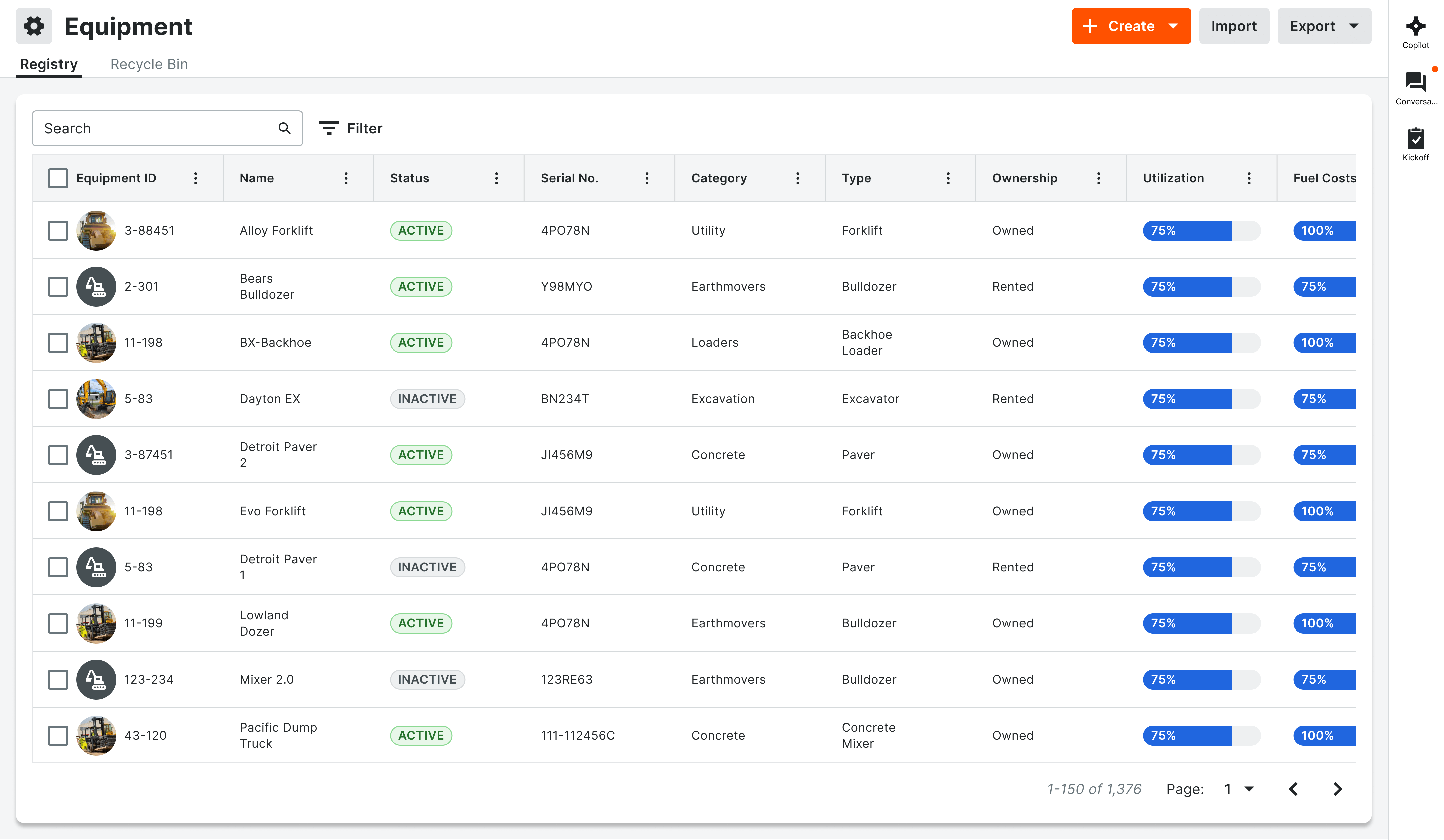 Procore's Equipment product screen