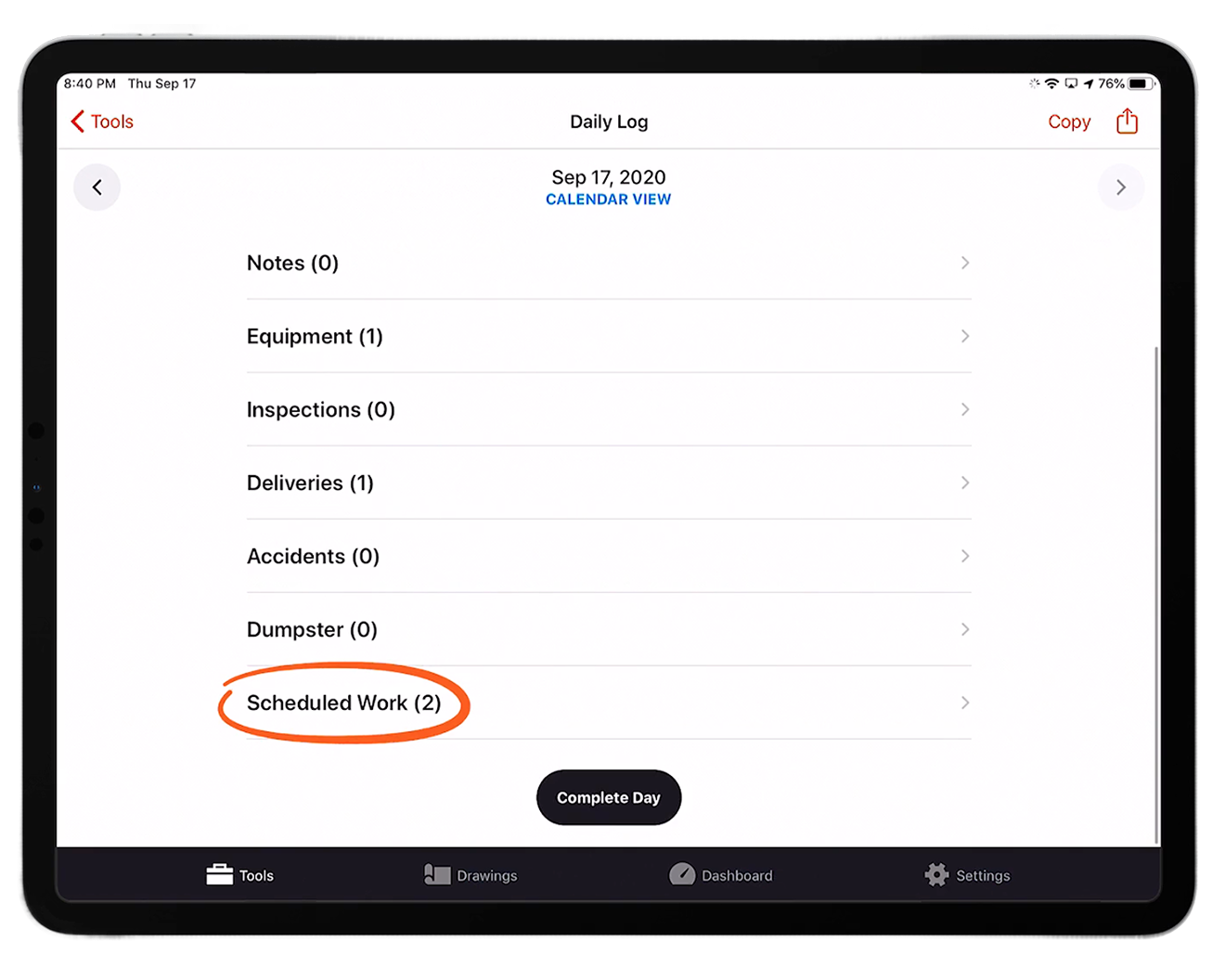 Procore's daily log tool