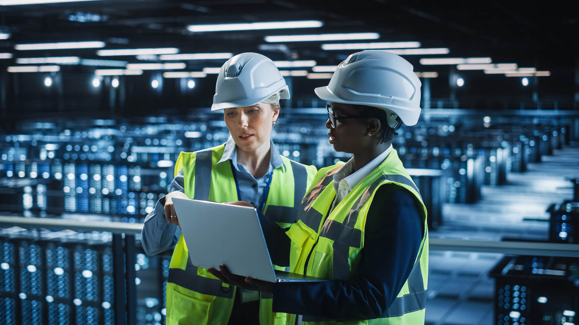 Construction workers on an iPad at a Data Center