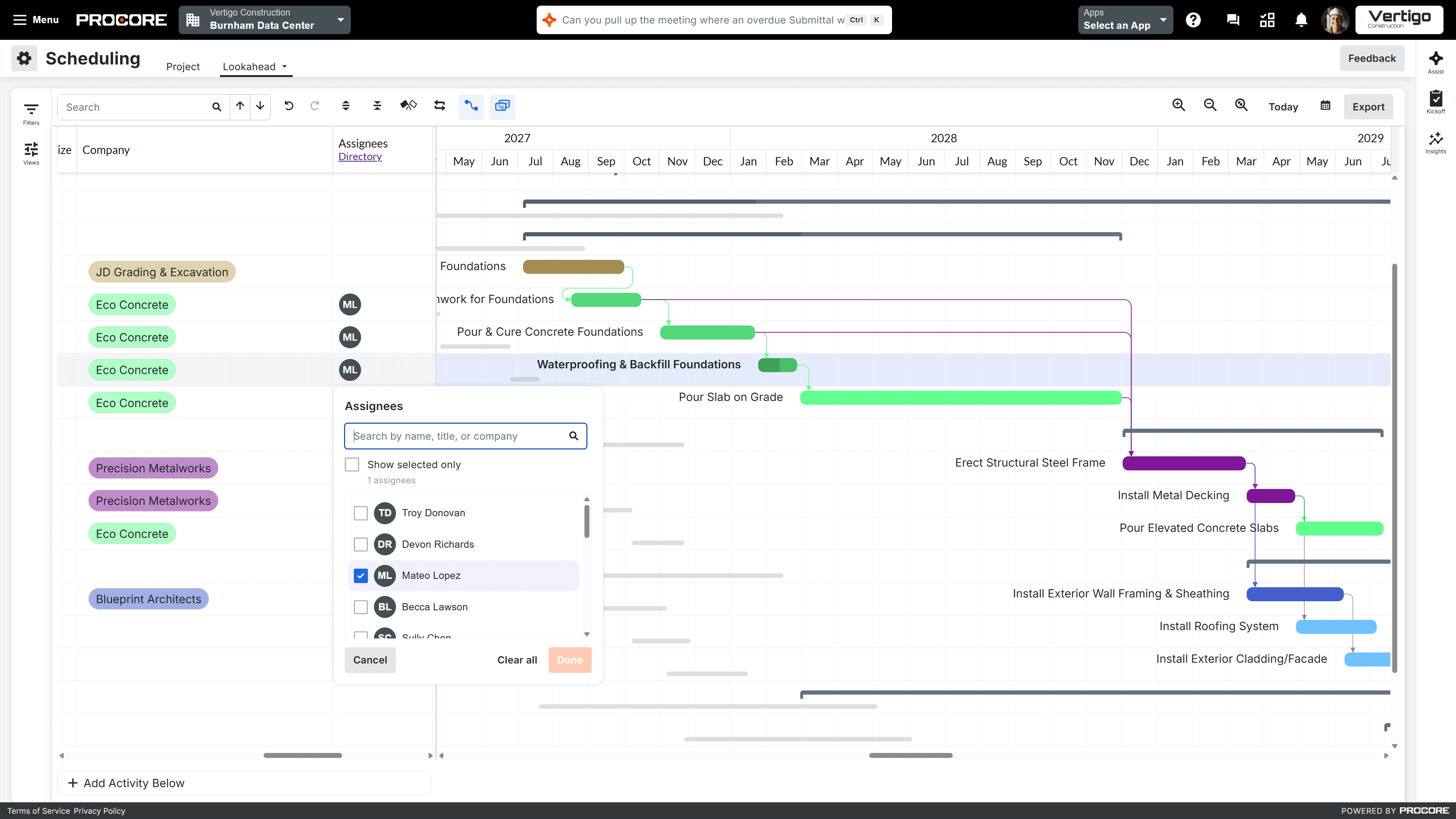 Construction project Gantt chart with tasks, dates, and assignees shown.