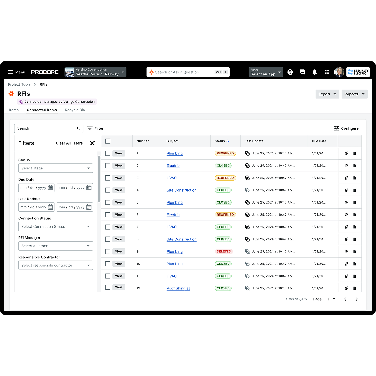 Procore's RFI tool UI