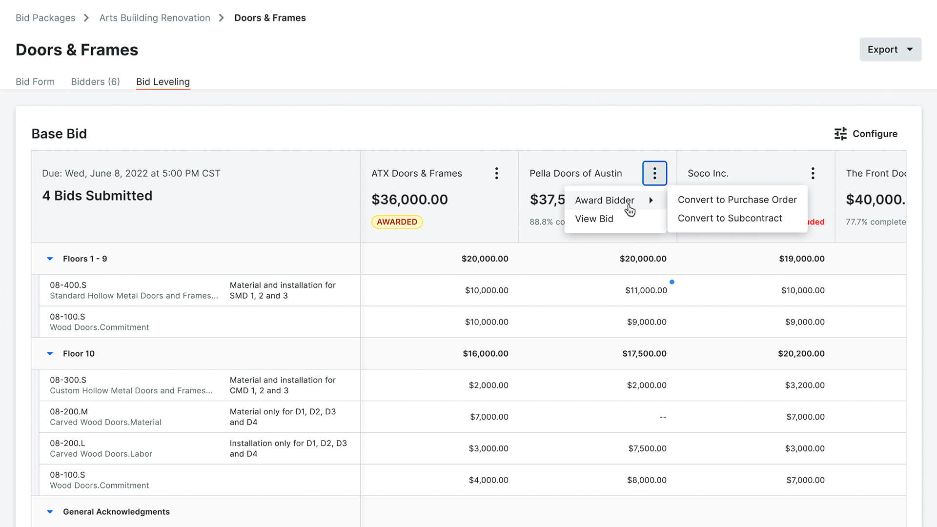 Screenshot of Procore's Bid Management