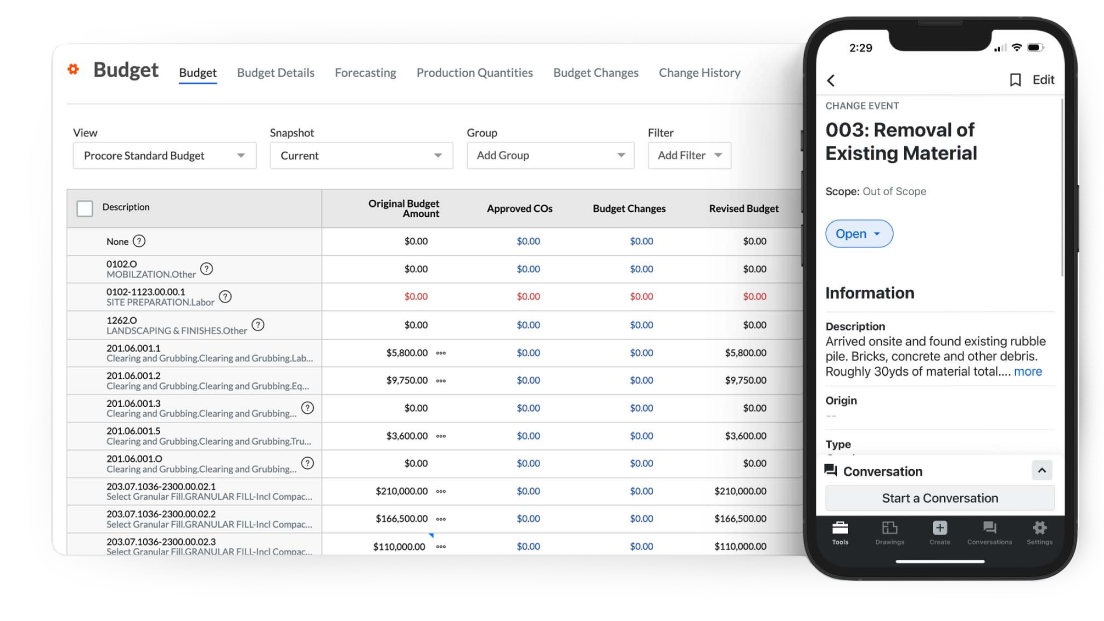 Procore's budget tool UI