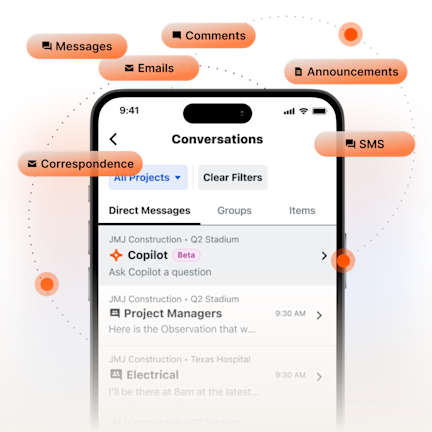 Procore direct messages screen