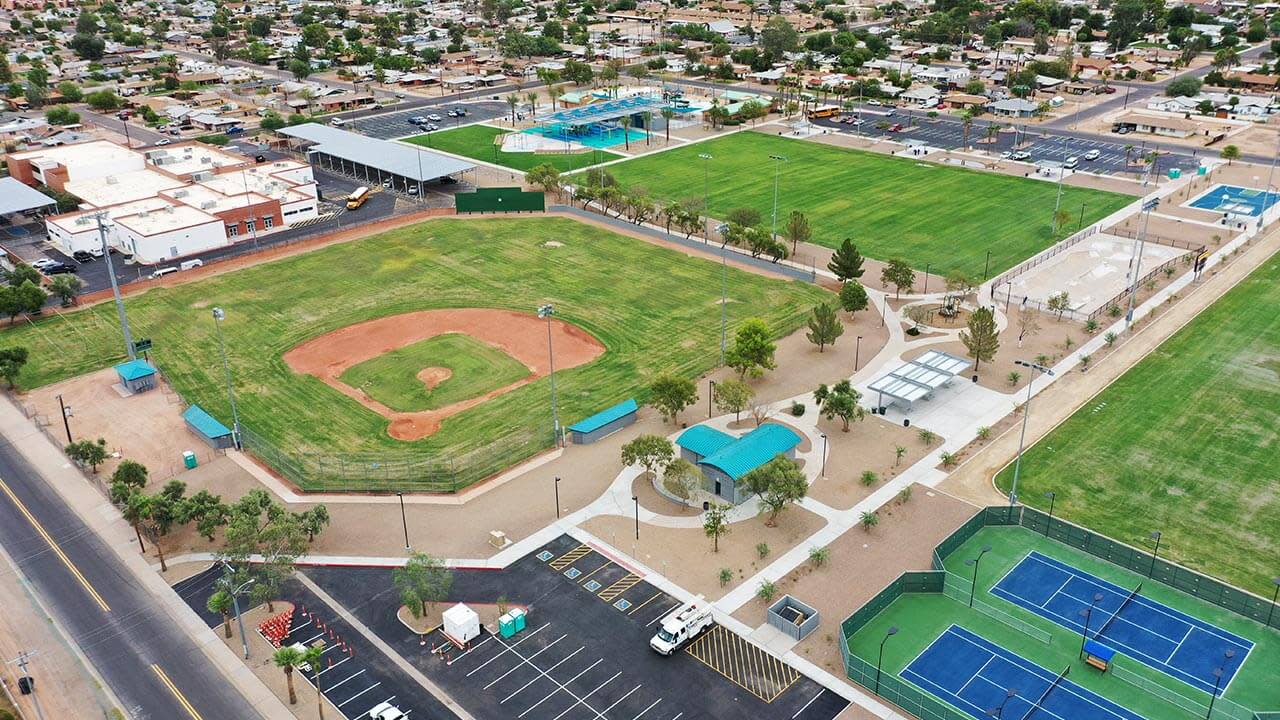 Aerial view of a Tennis court and Baseball field