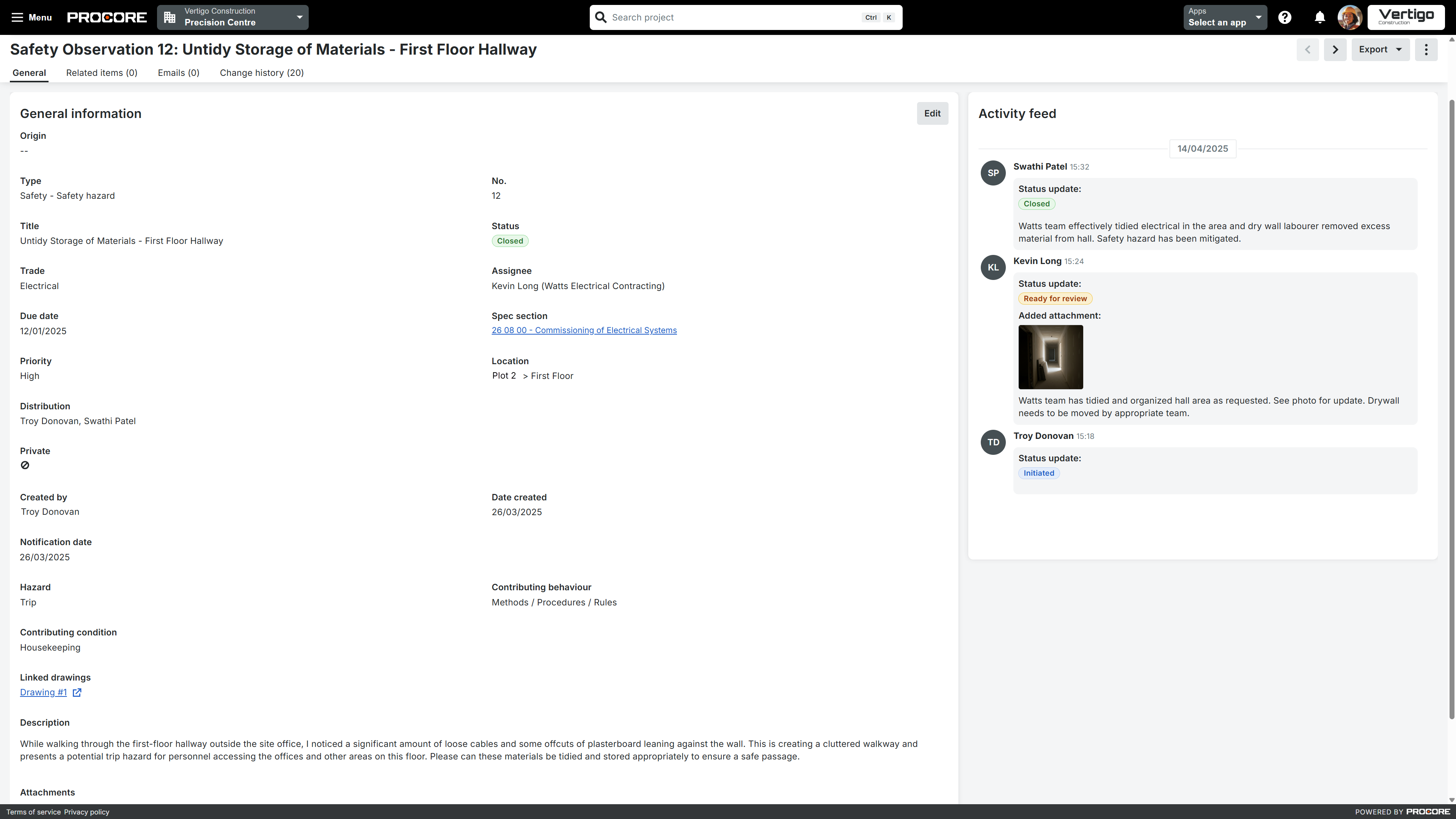 Procore's Observation tool screen