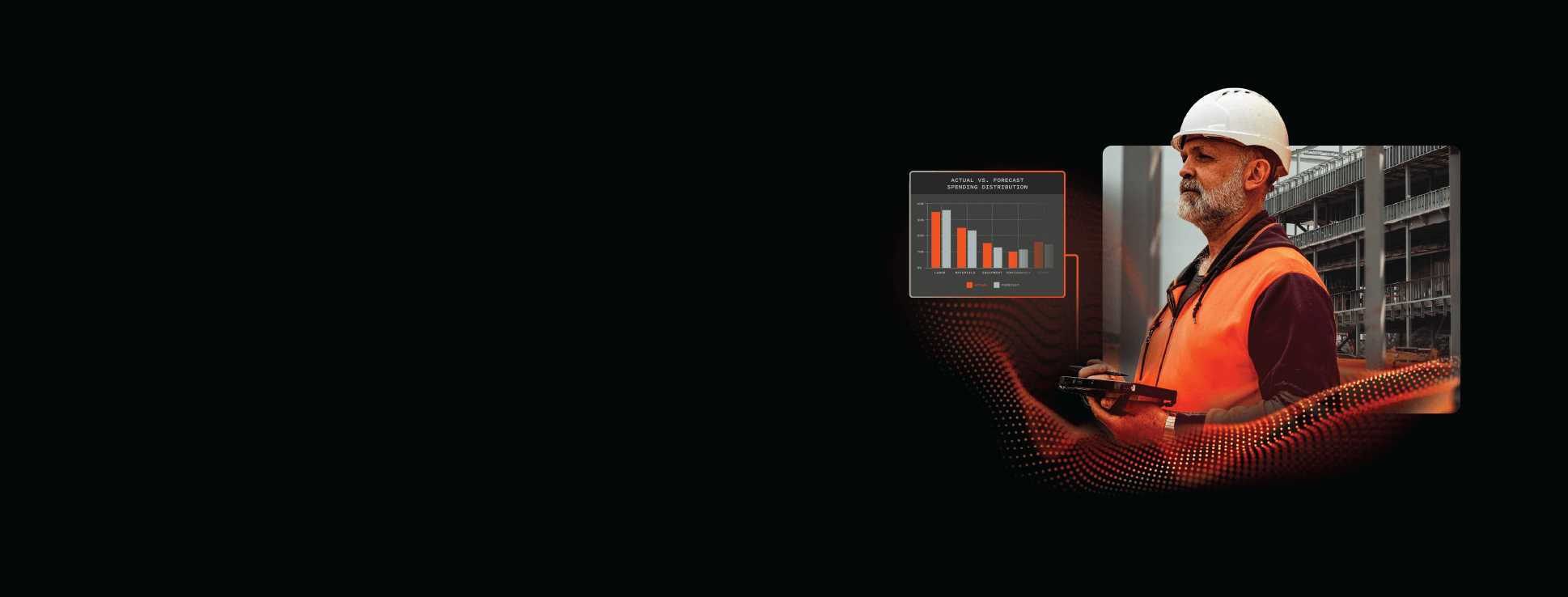 Construction worker in orange vest and white helmet holding a tablet.