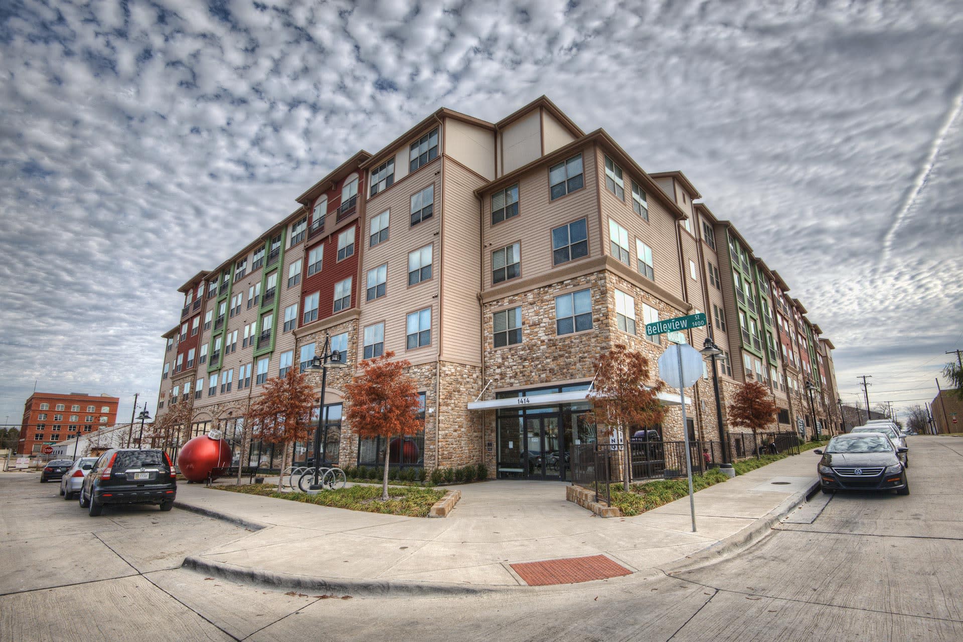 Low angle view of an apartment building complex