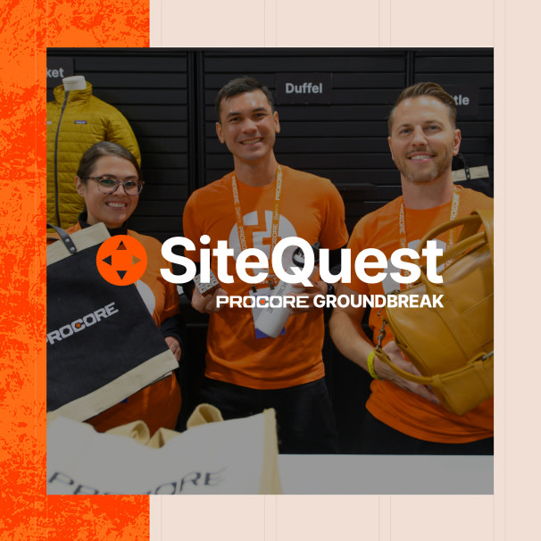 Two men and a woman smiling at Groundbreak conference. SiteQuest logo overlaying the image
