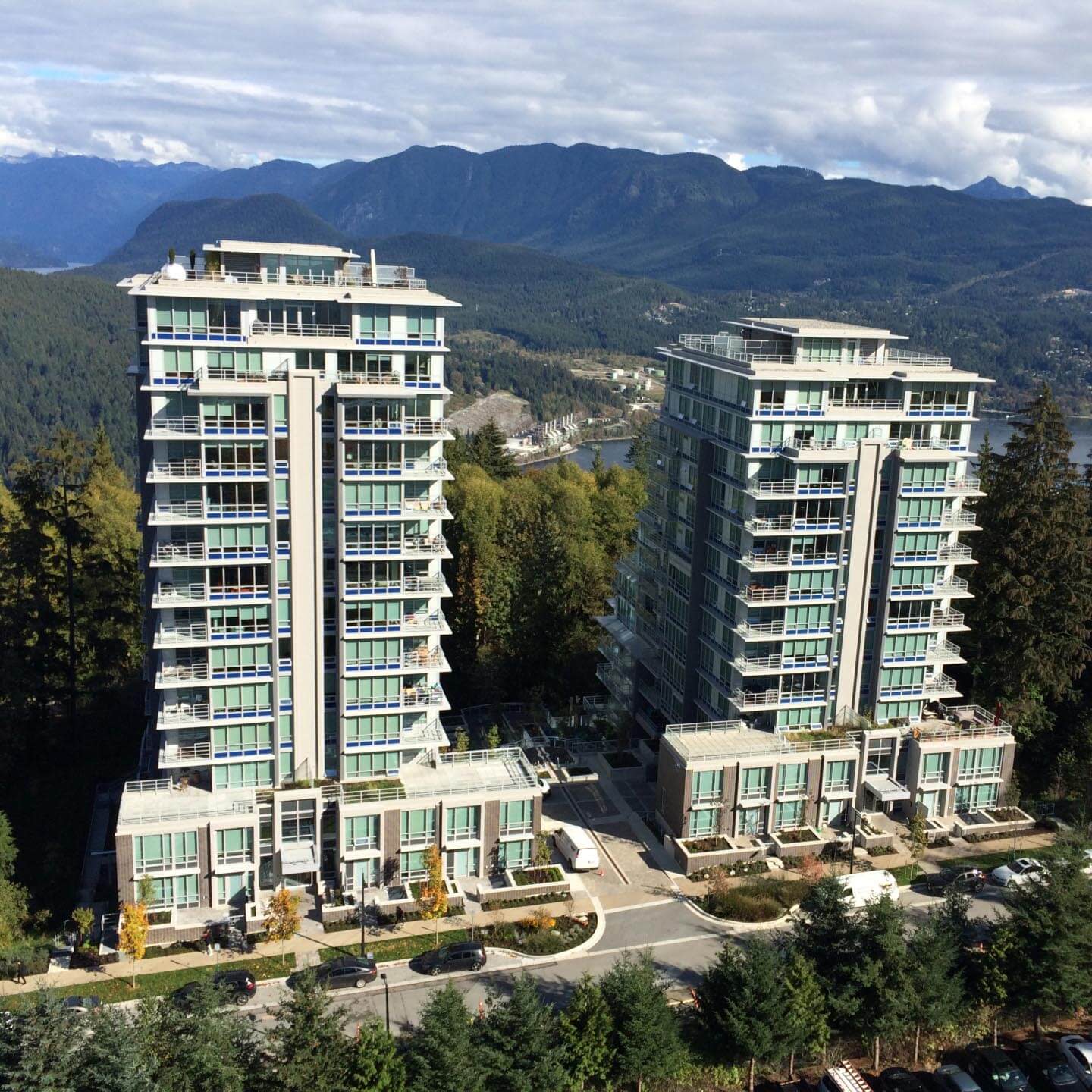 Aerial view of twin buildings