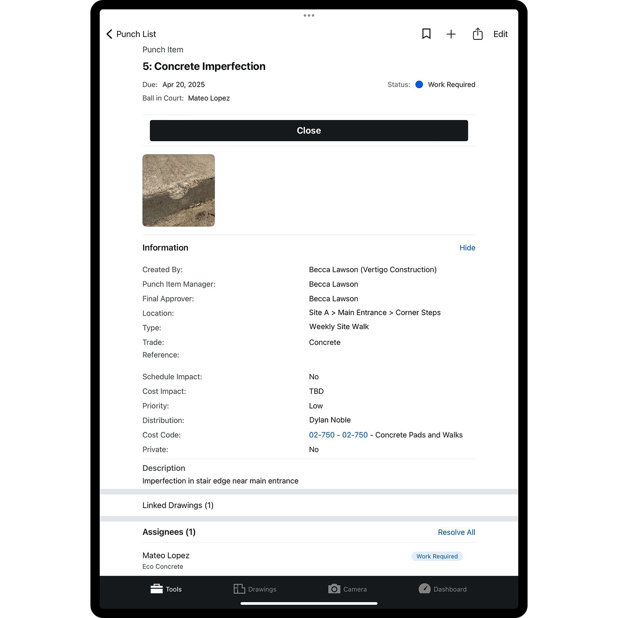 Procore's punch list tool UI on a tablet