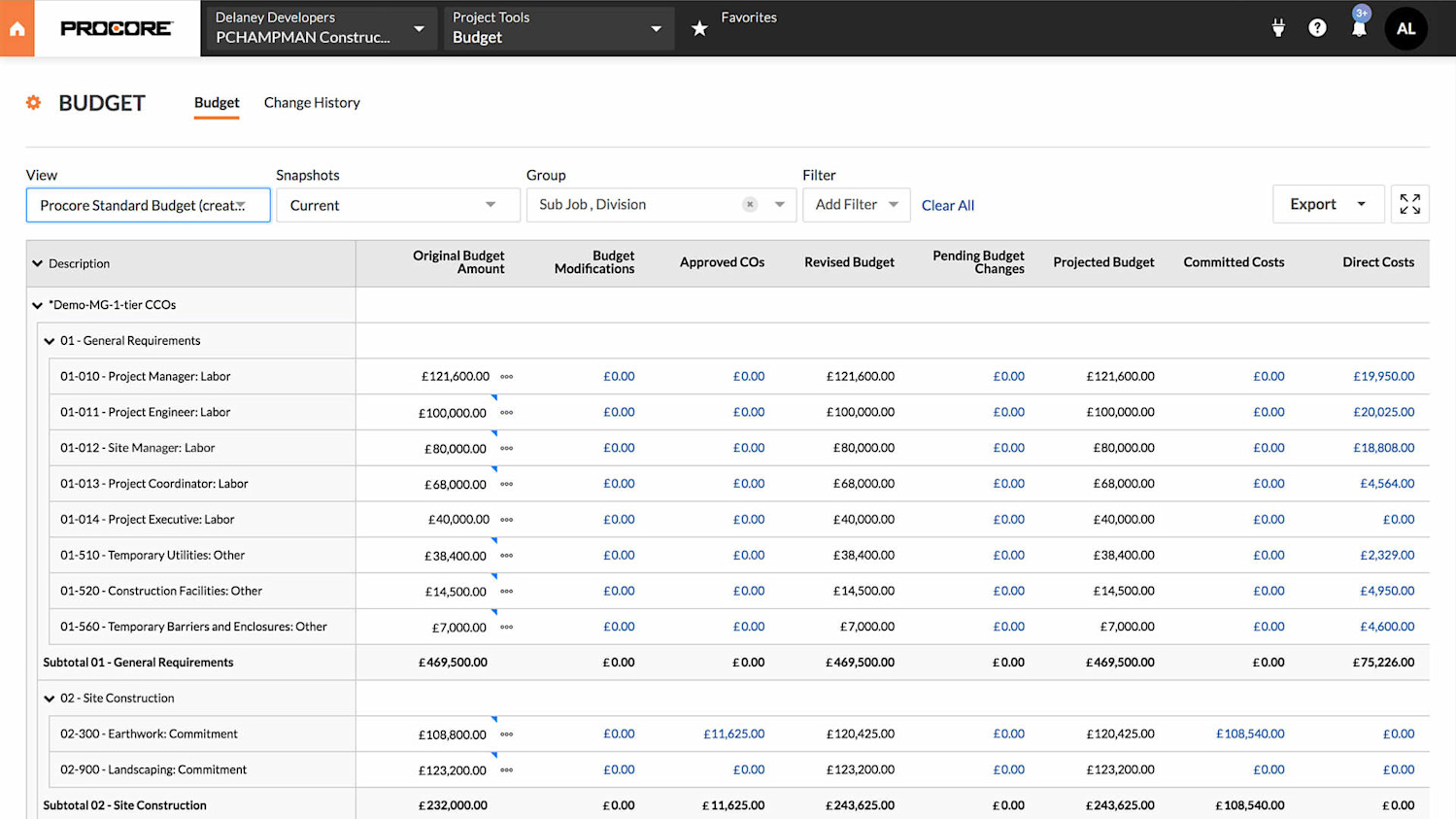 Procore budget tools