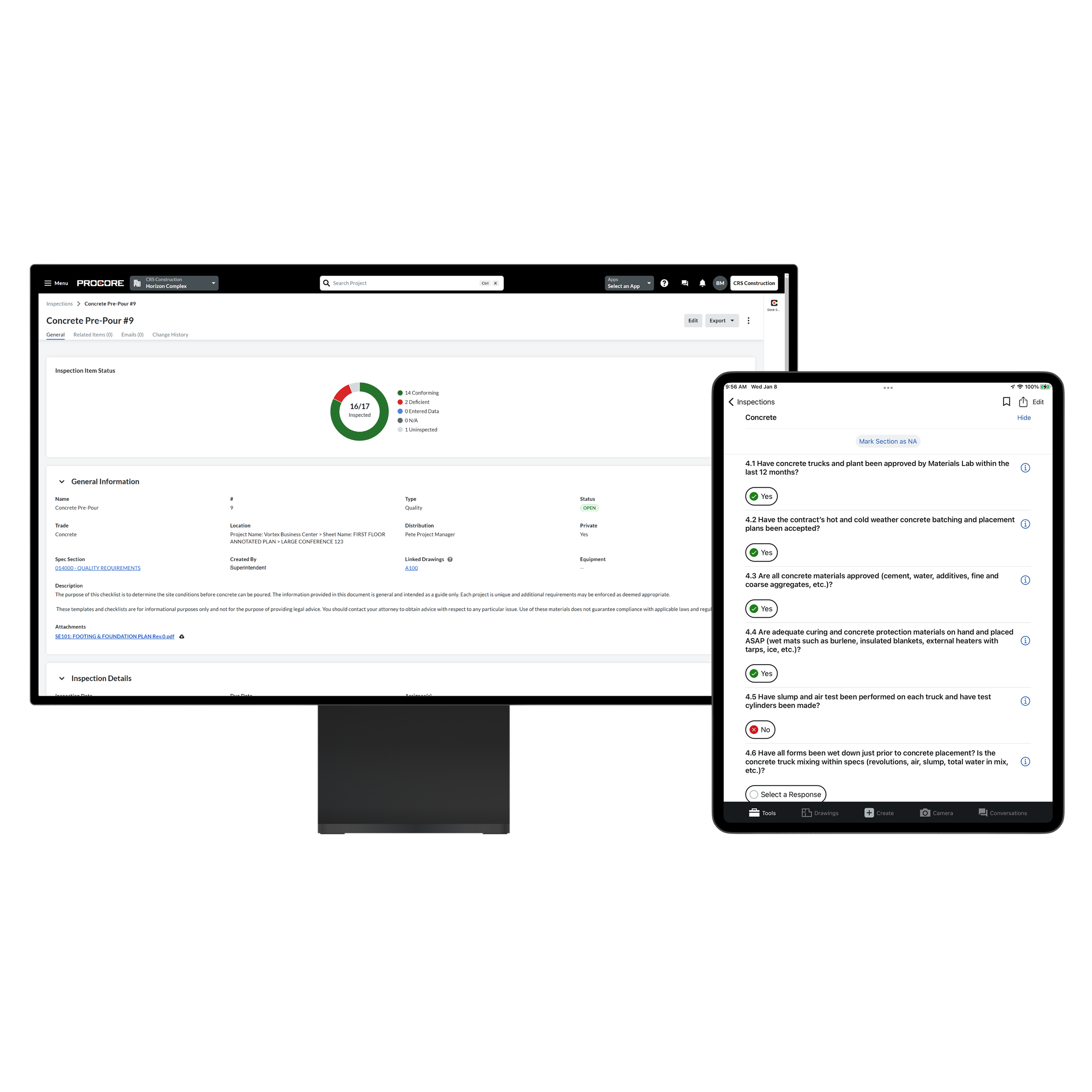 Procore's inspections tool UI on a computer and a tablet