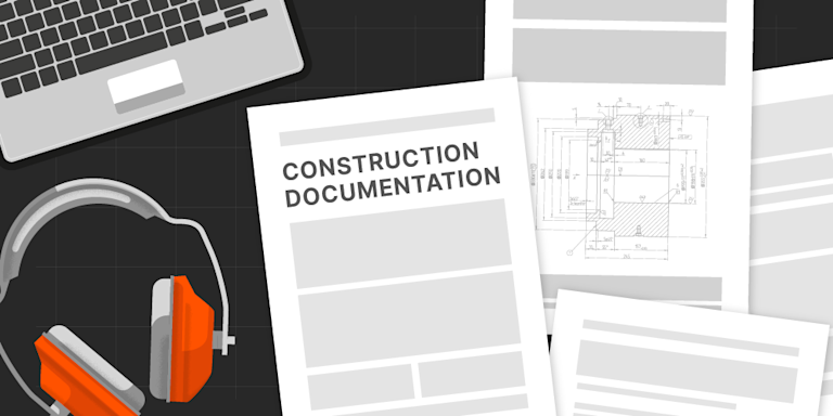 Illustration of construction documentation on table with laptop