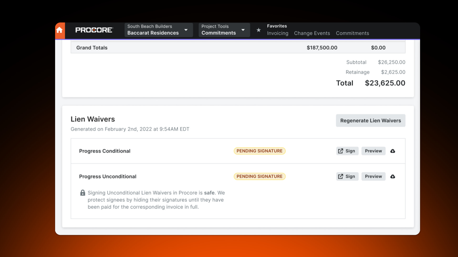 Procore commitments tool screen capture