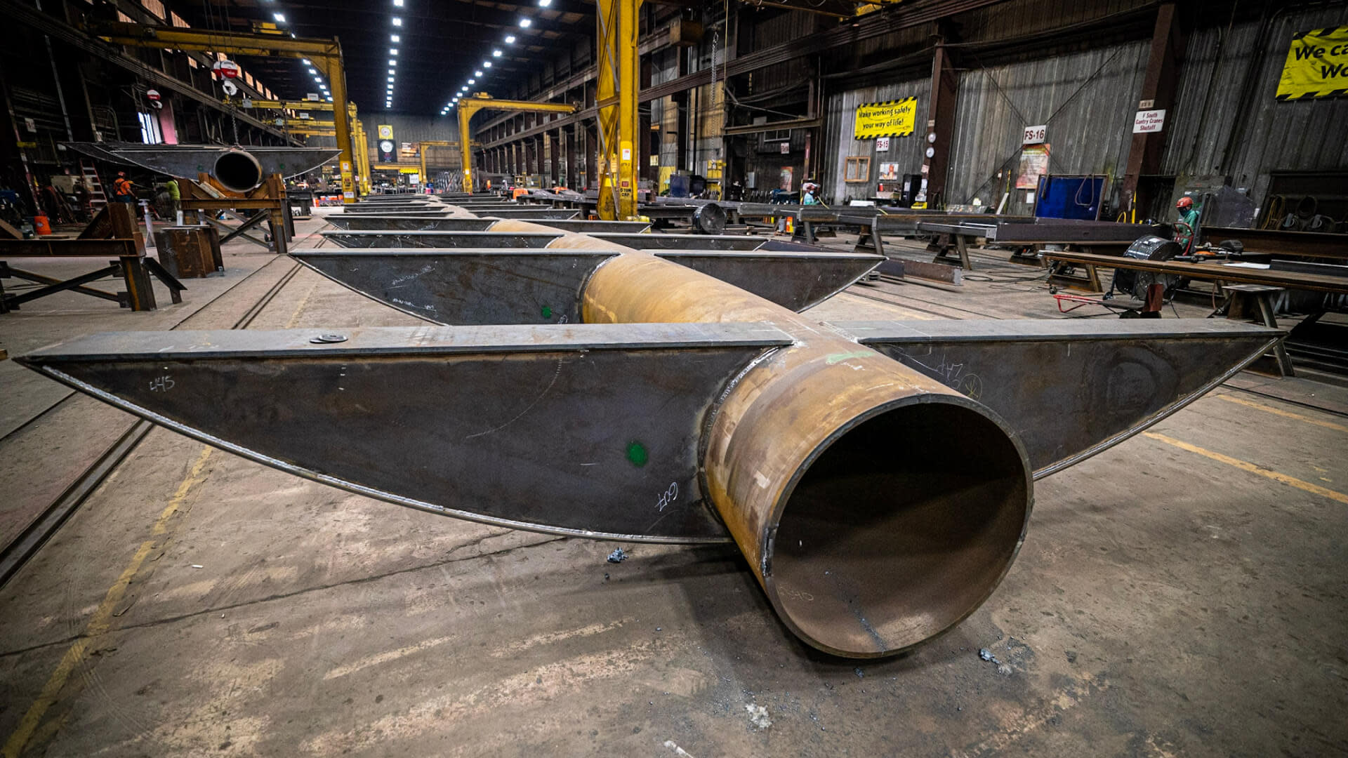 Piece of aluminum pipe inside of Hillsdale Fabricators' welding warehouse