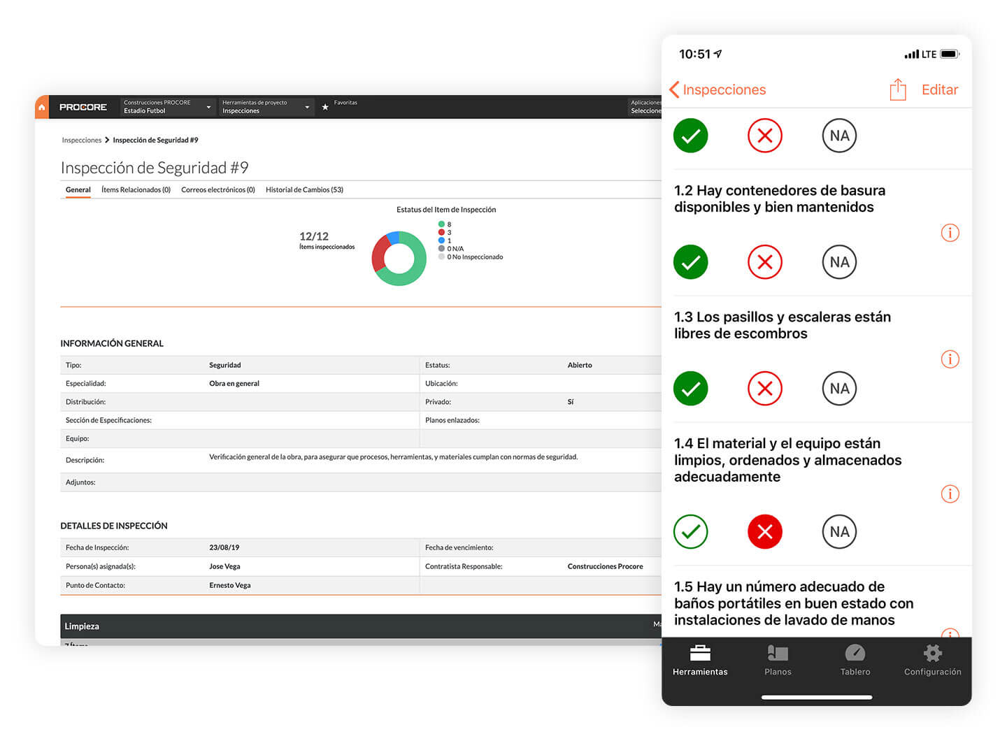 UI screenshots of safety inspections and records