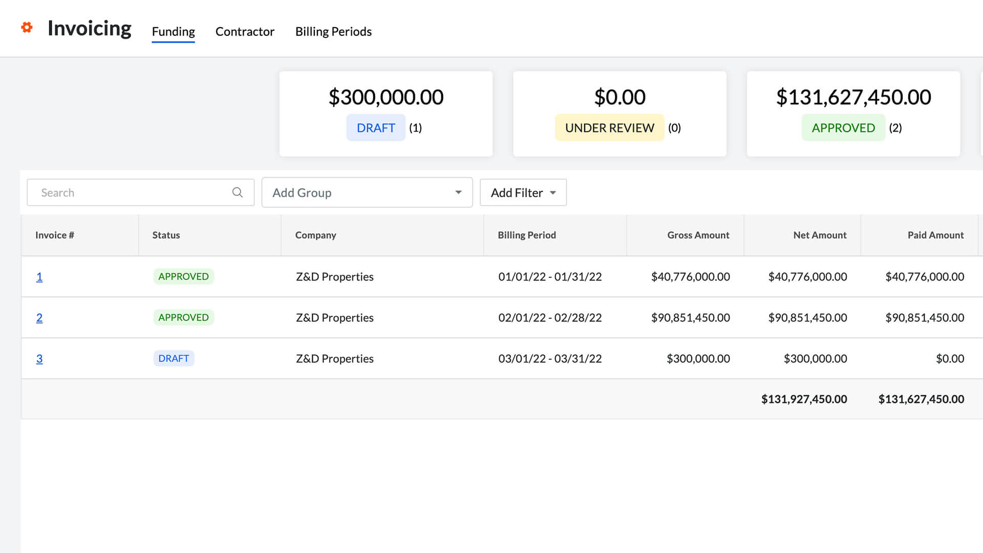 Procore Invoicing screen capture