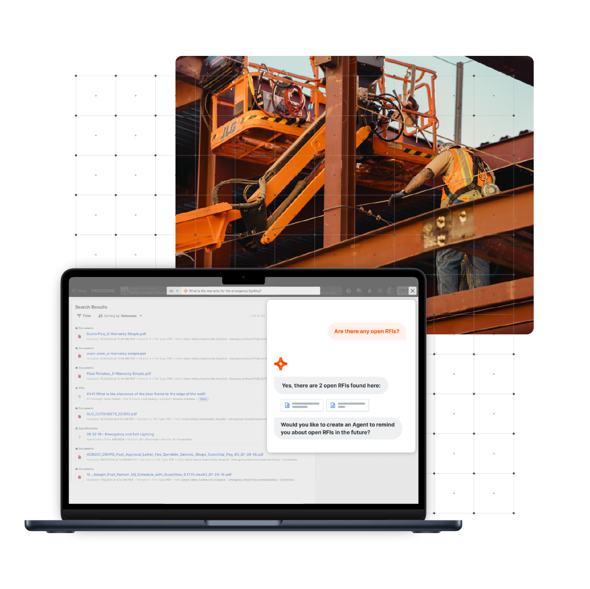 Construction worker in orange gear on steel beams with laptop showing RFI chat.
