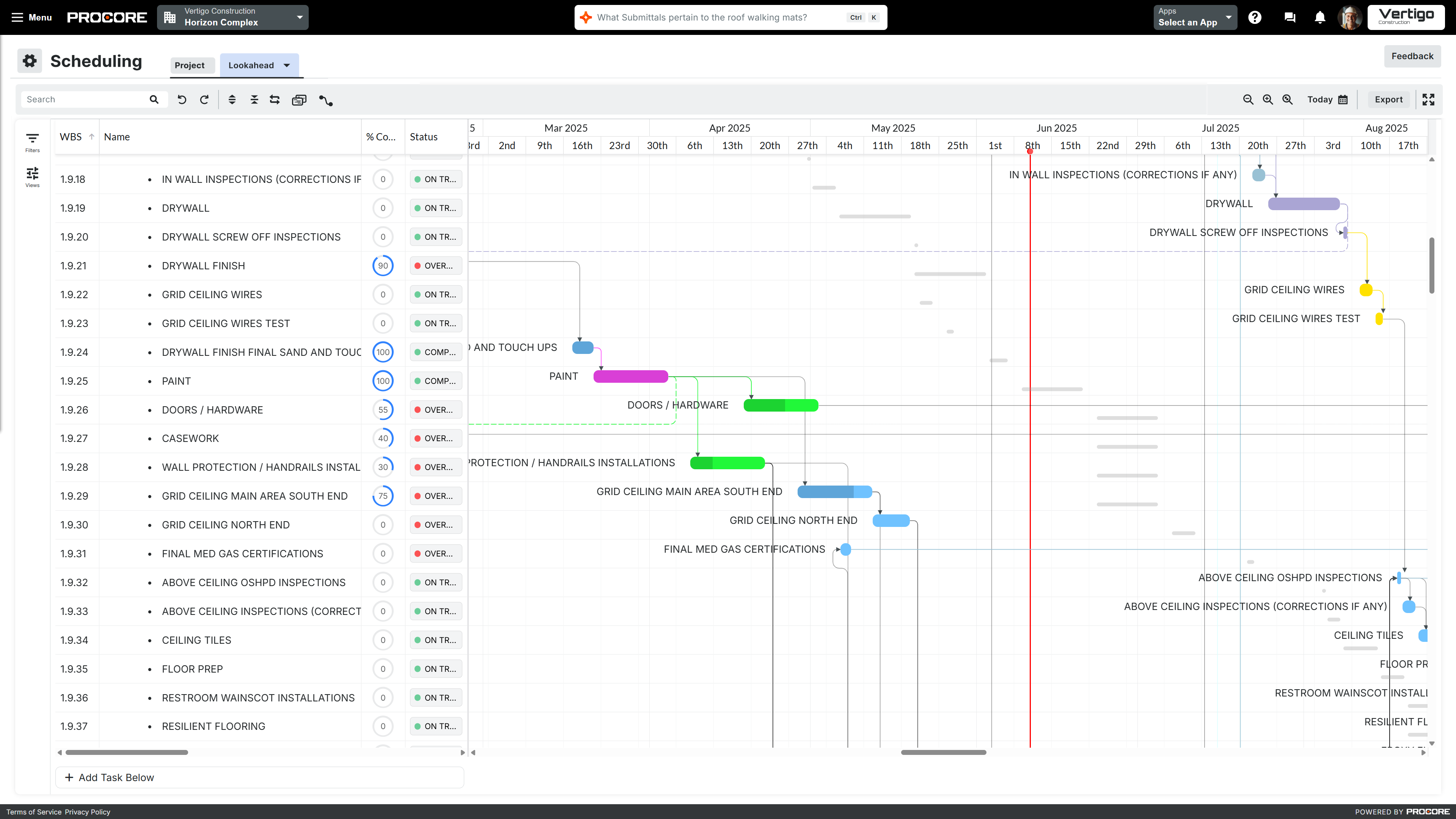 Procore's Scheduling tool dashboard