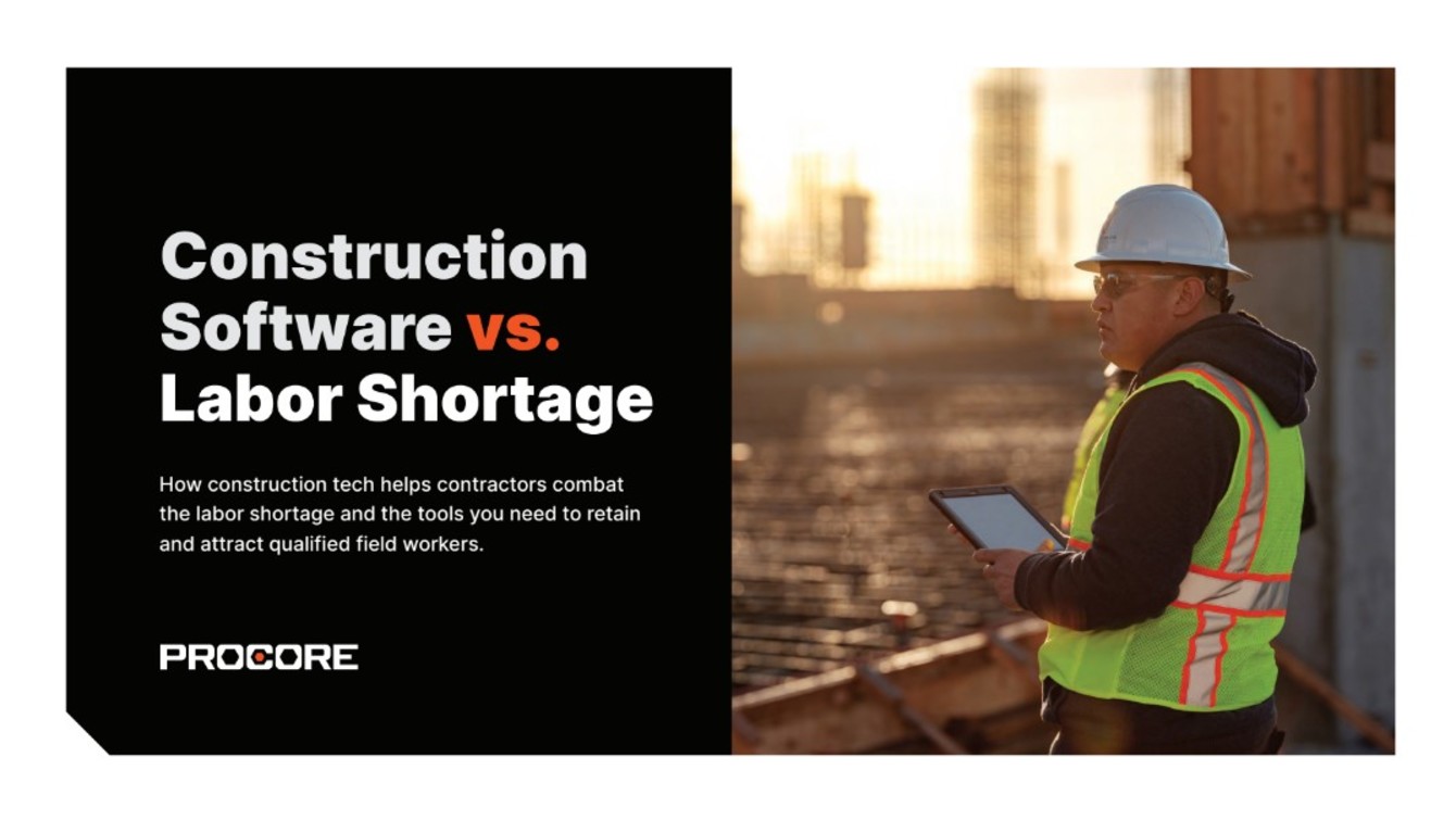 Construction worker in safety gear using tablet at sunset, with text about construction software and labor shortage solutions