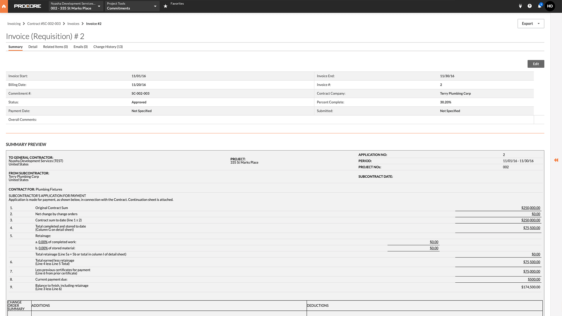 Procore invoice screen