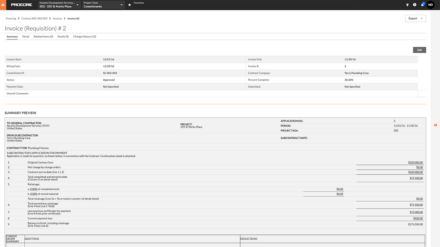 Procore invoice screen