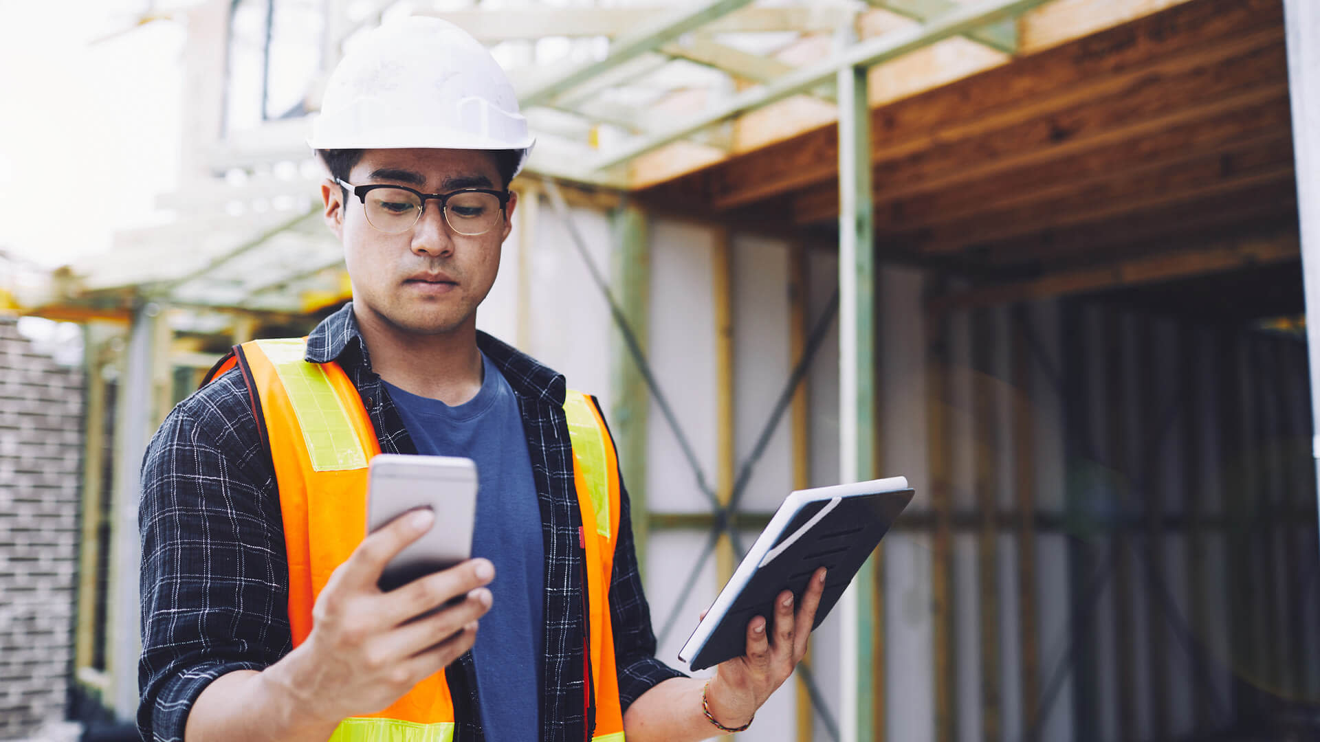 Contractor working on a phone