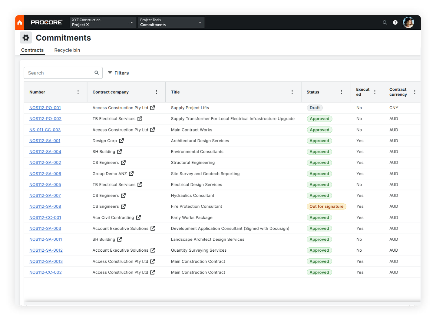 Procore tools screen