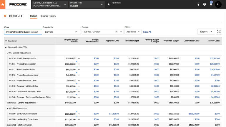 Procore Project Financials Product Screen