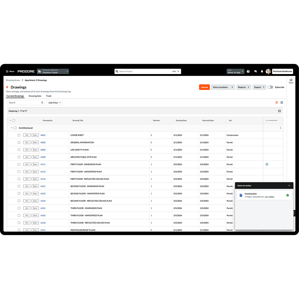 Procore's drawings tool UI on a tablet
