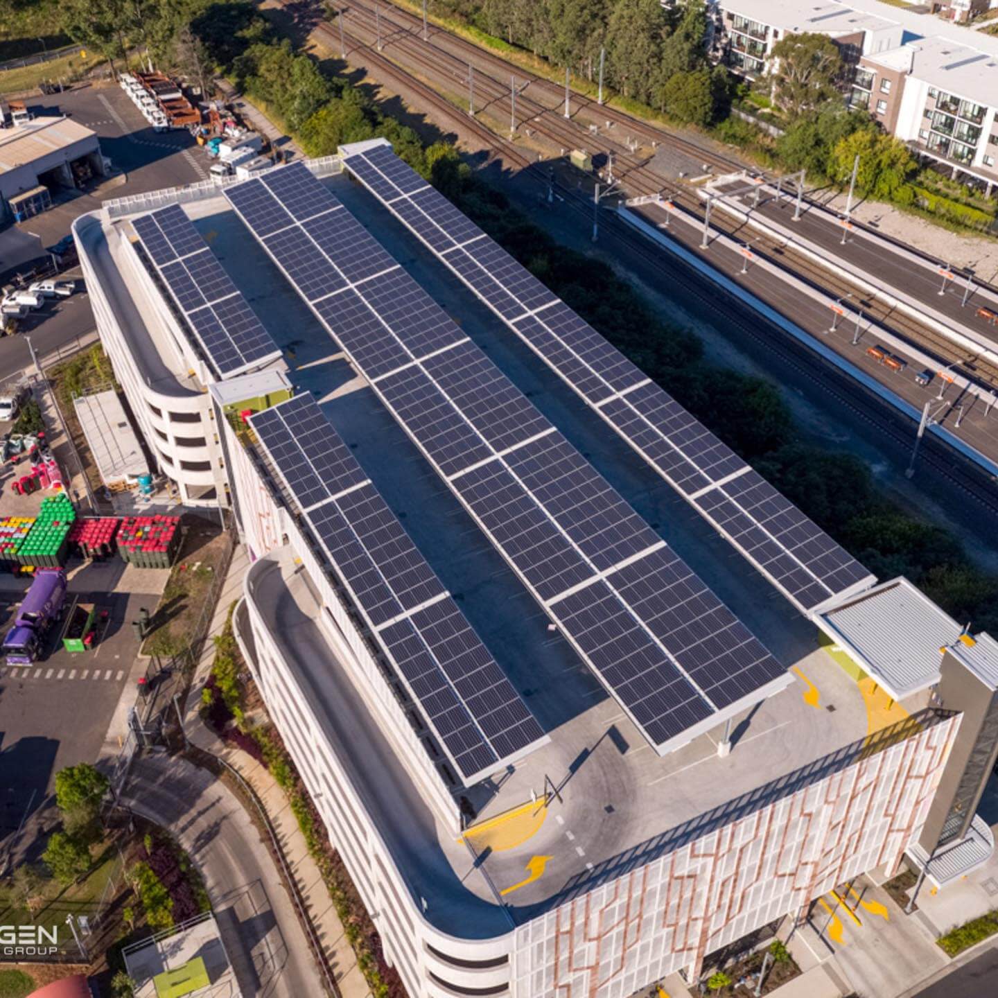 Areal photo of a rooftop with a large solar array