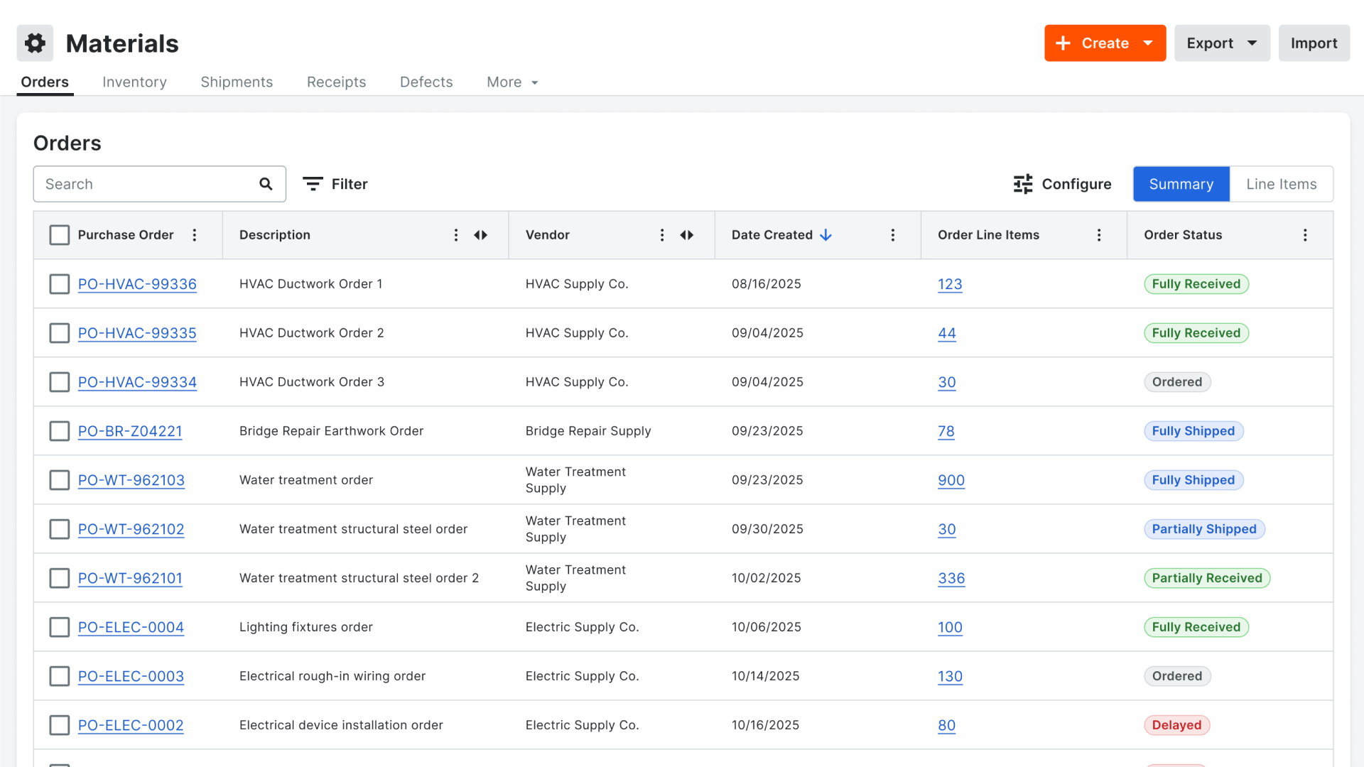 Materials management interface showing purchase orders table with vendor, date, and status information.