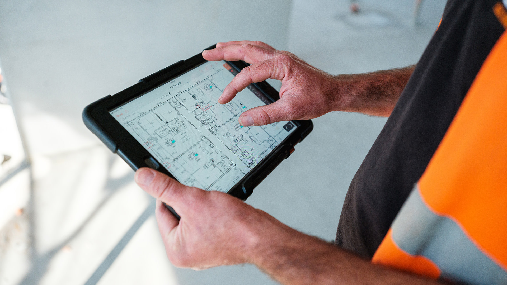 Customer viewing a site drawing on a tablet