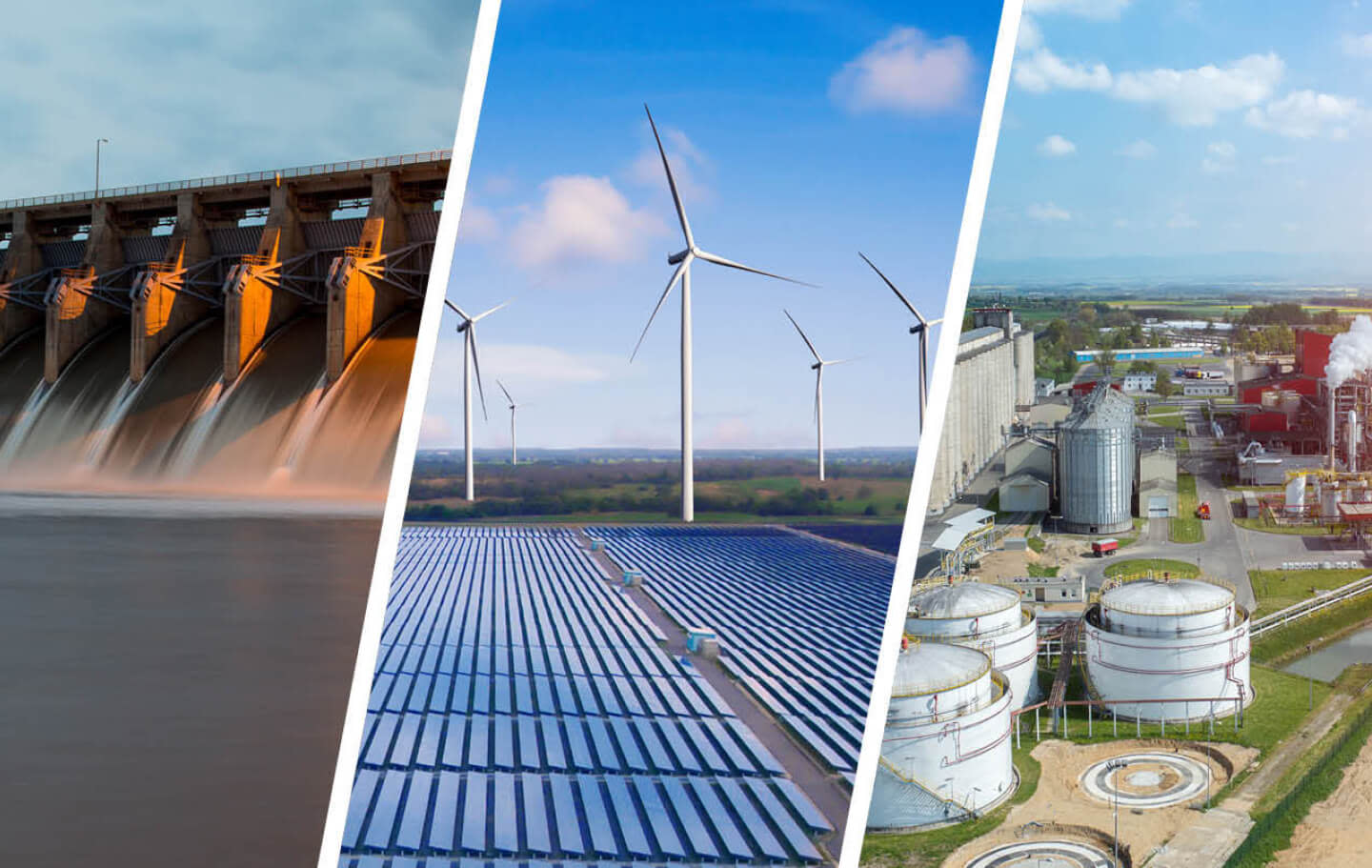 split image of three different renewable energy sources