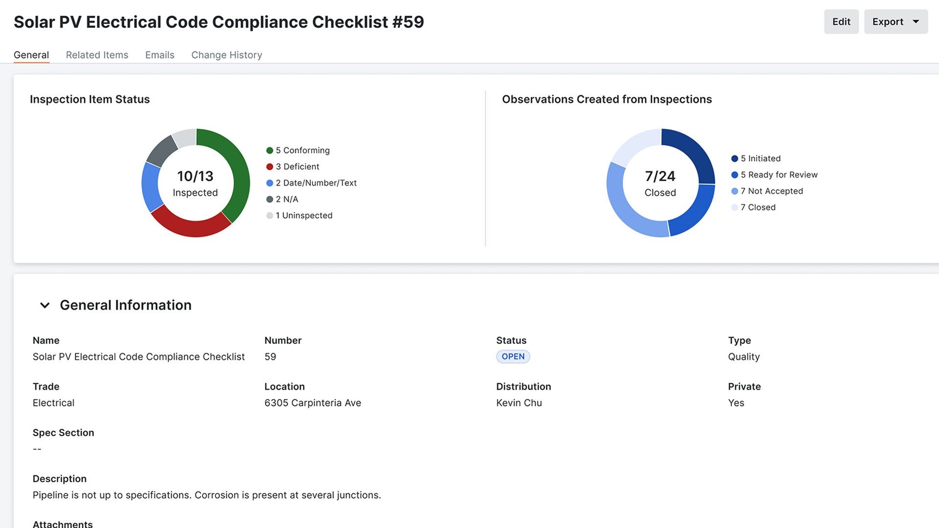 screen capture of procore quality and safety