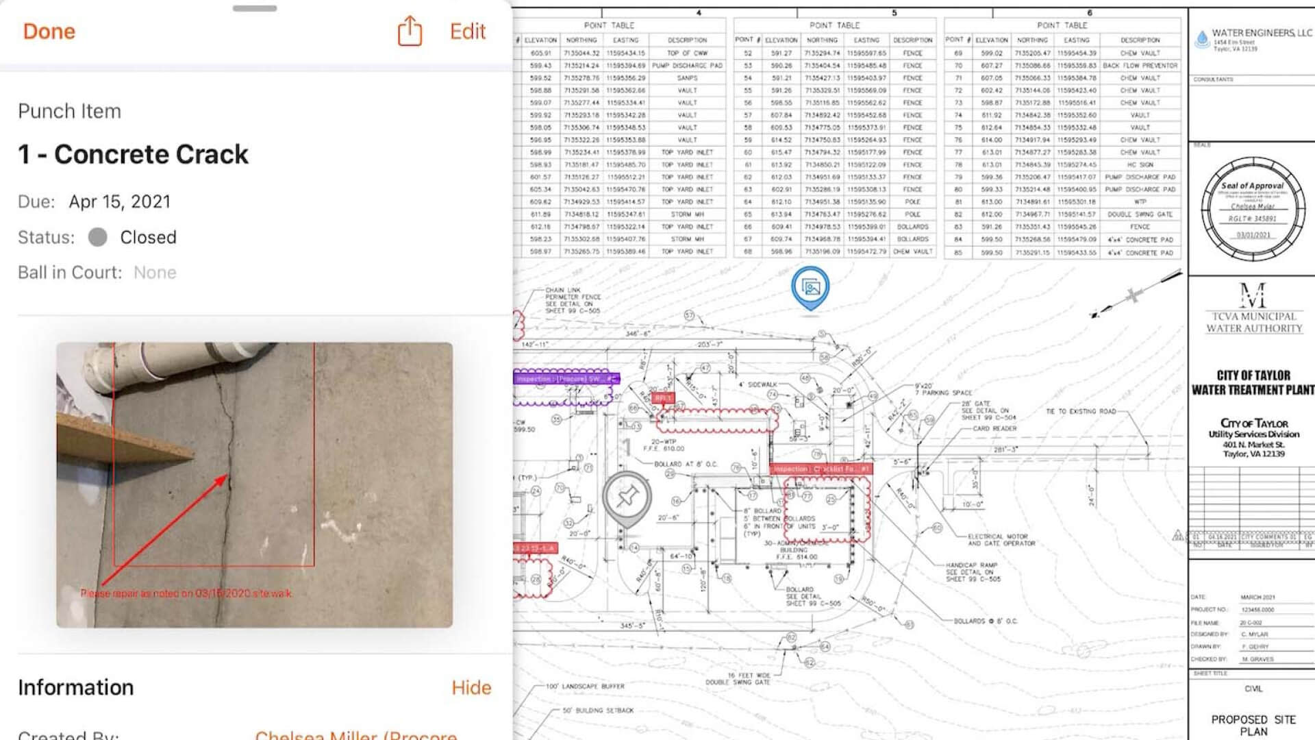 screen capture of a punch item on Procore