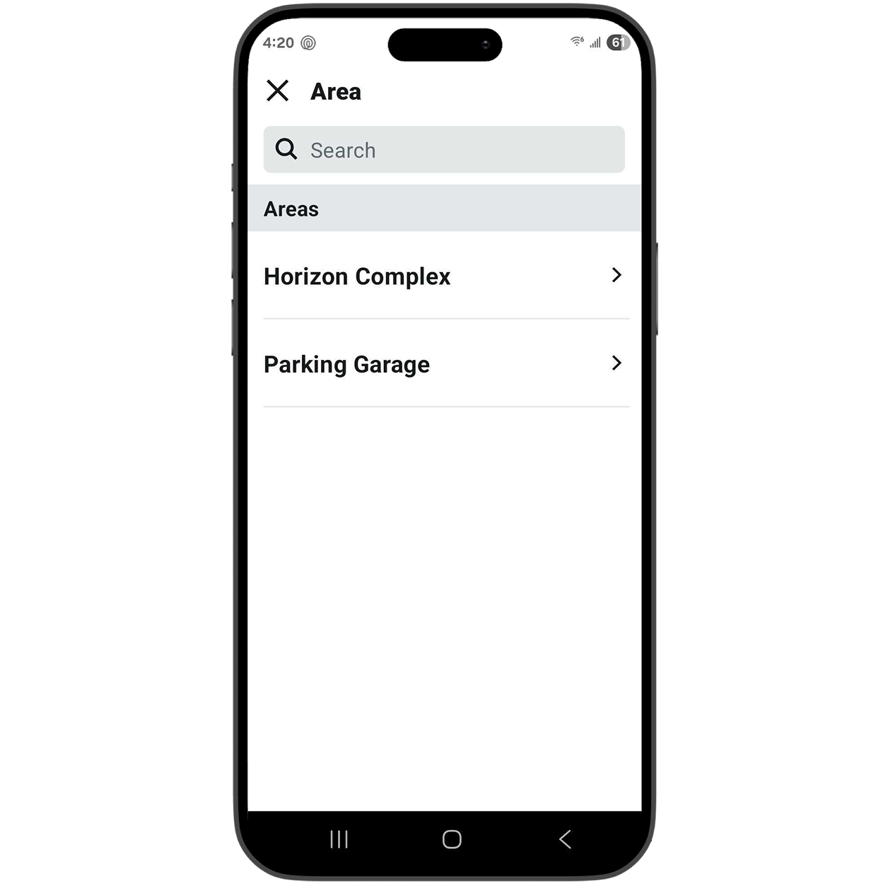 Smartphone screen showing an app with search and area options
