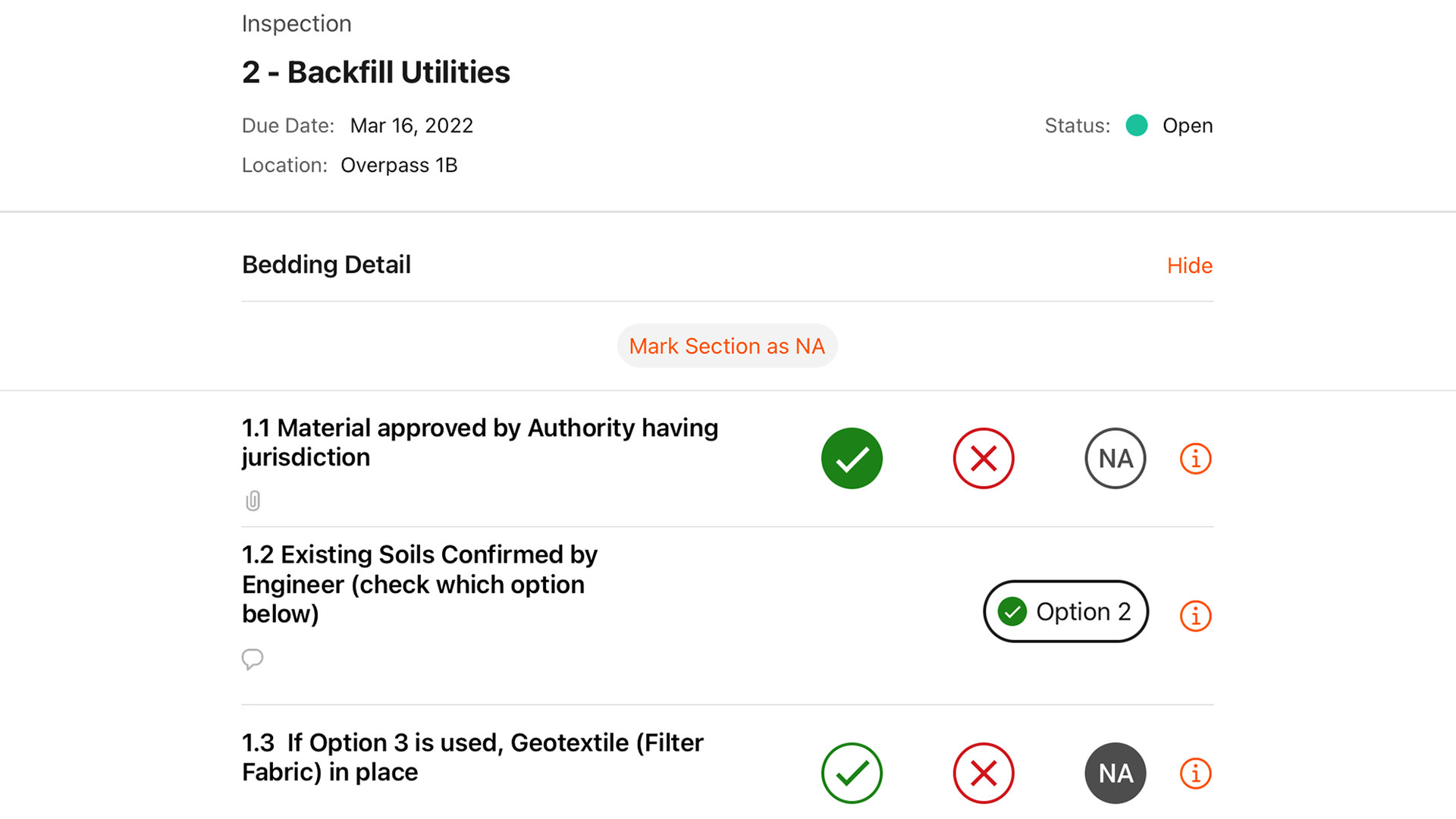 Procore's inspection tool screen
