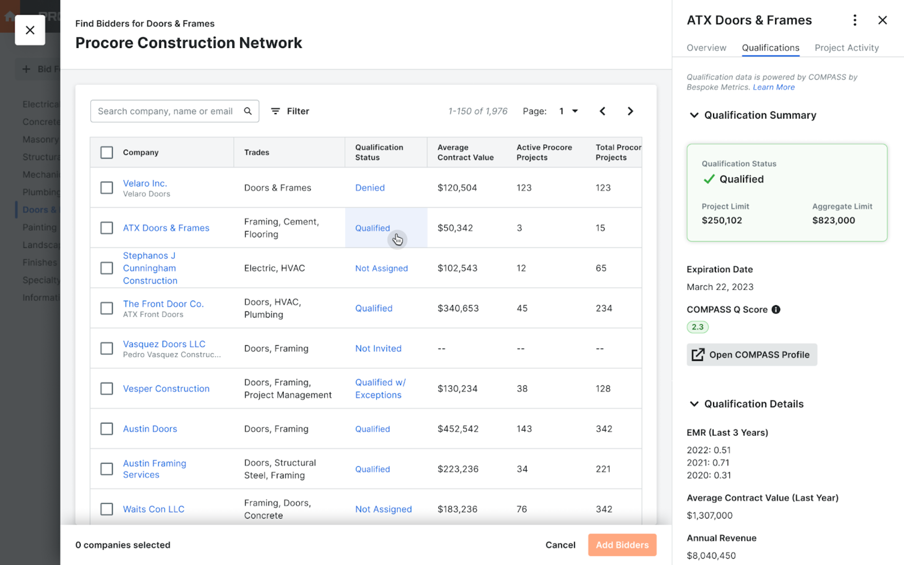 Screen showing Procore Construction Network bidder list with company qualifications and contract values.