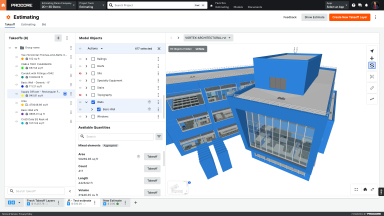 Procore's estimating screen