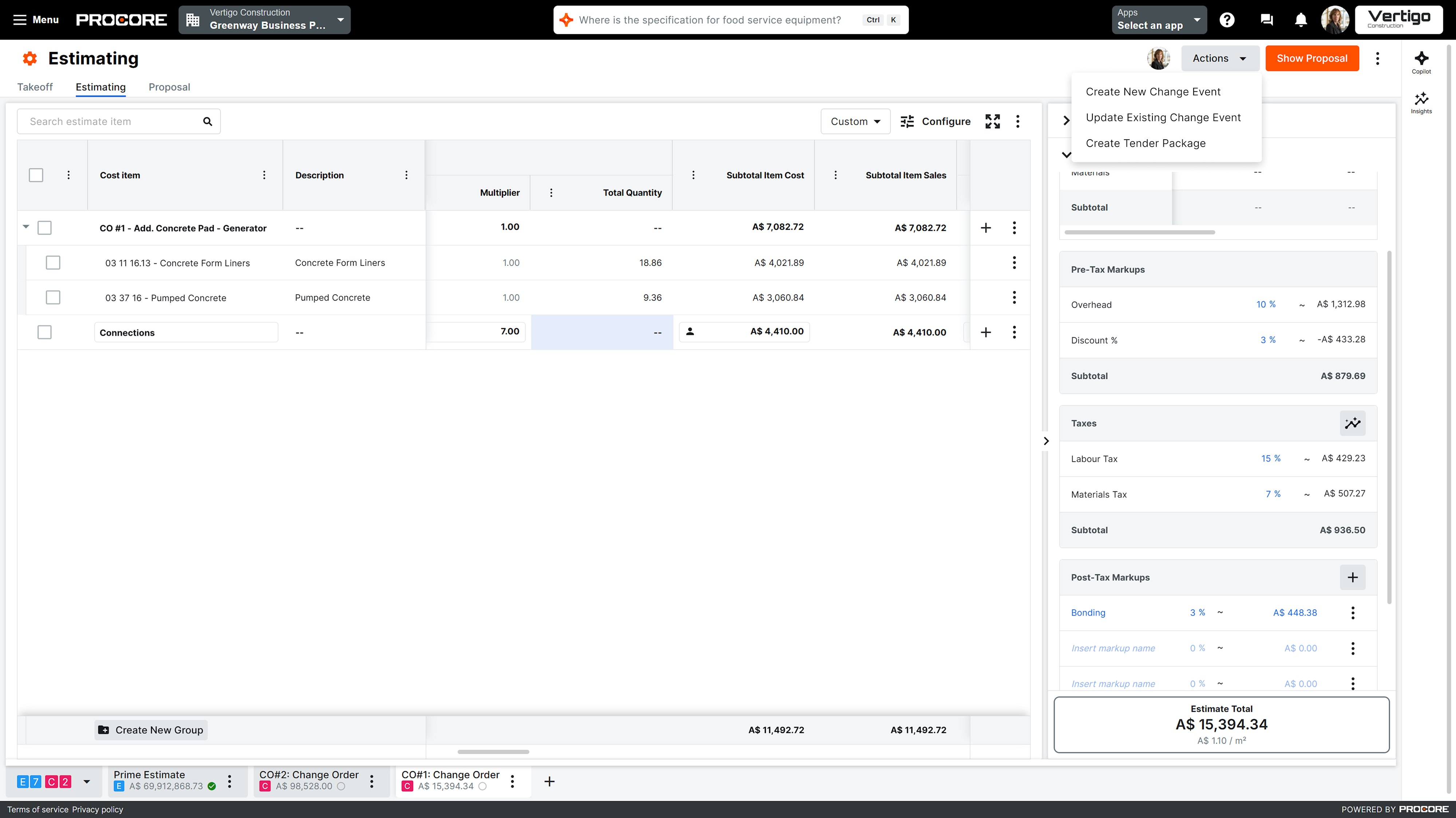 Screen of Procore's Estimating tool