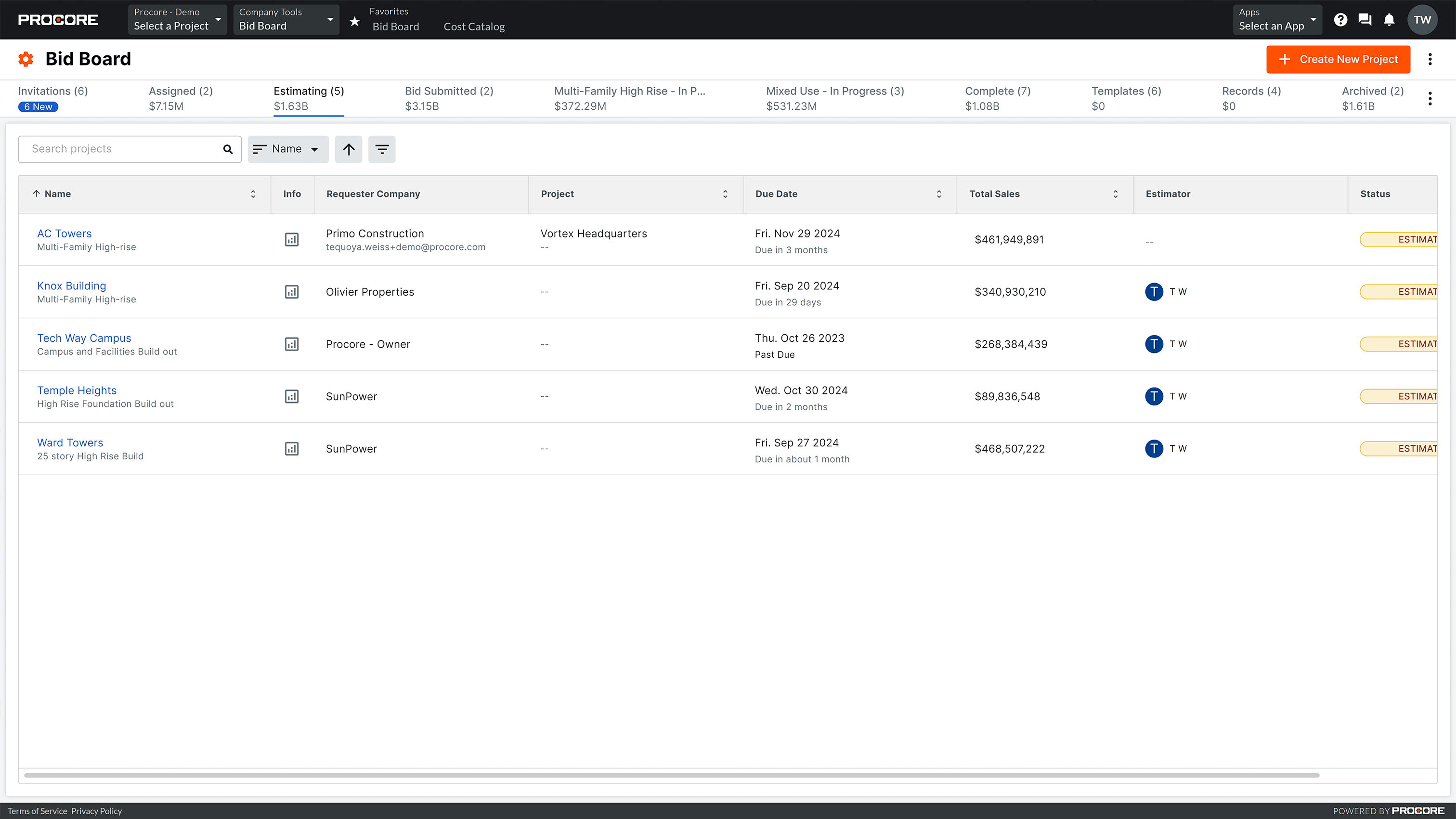 Screen of Procore's Bid Board tool