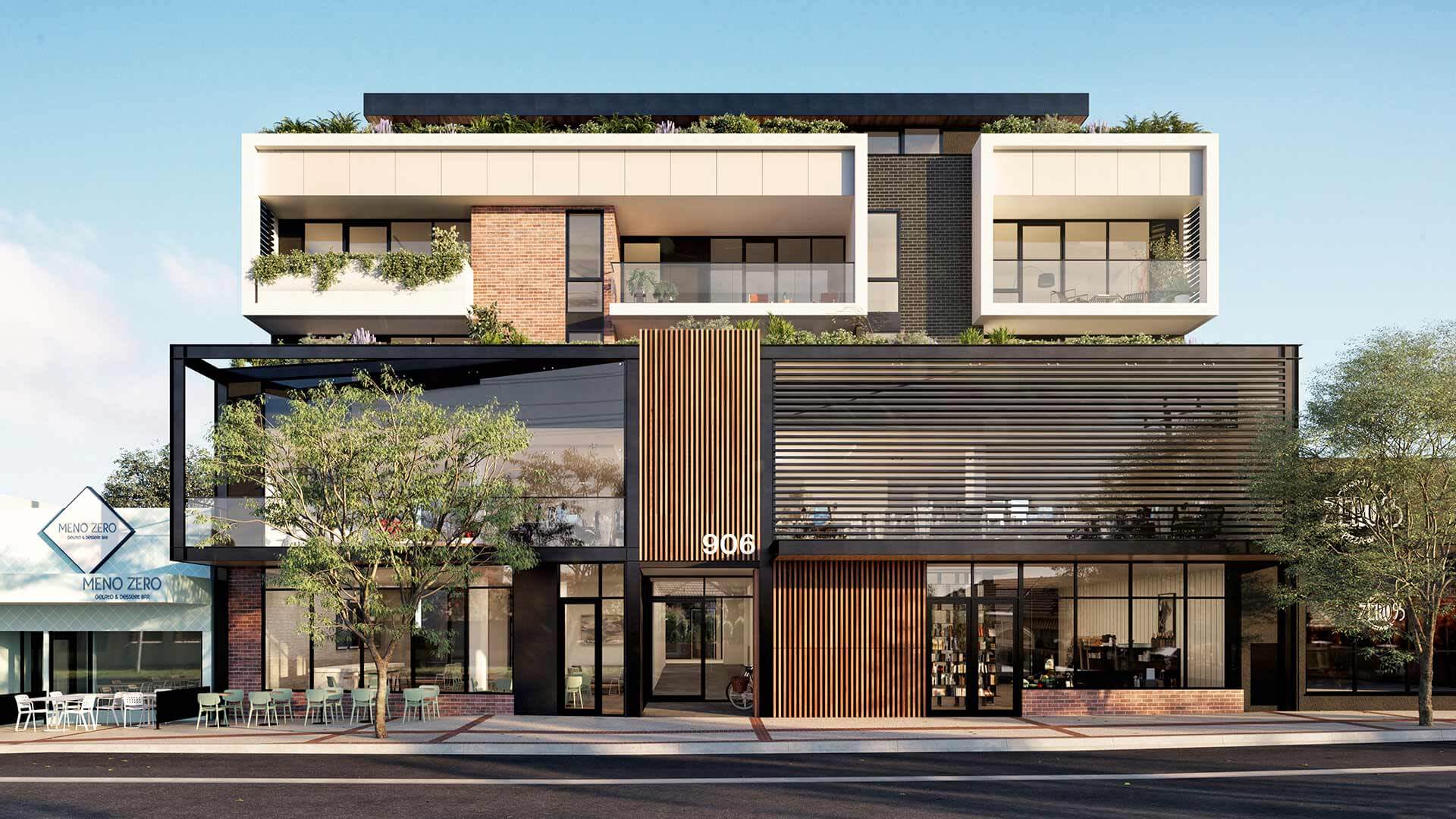 Modern mixed-use building with wood accents, glass windows, and rooftop garden
