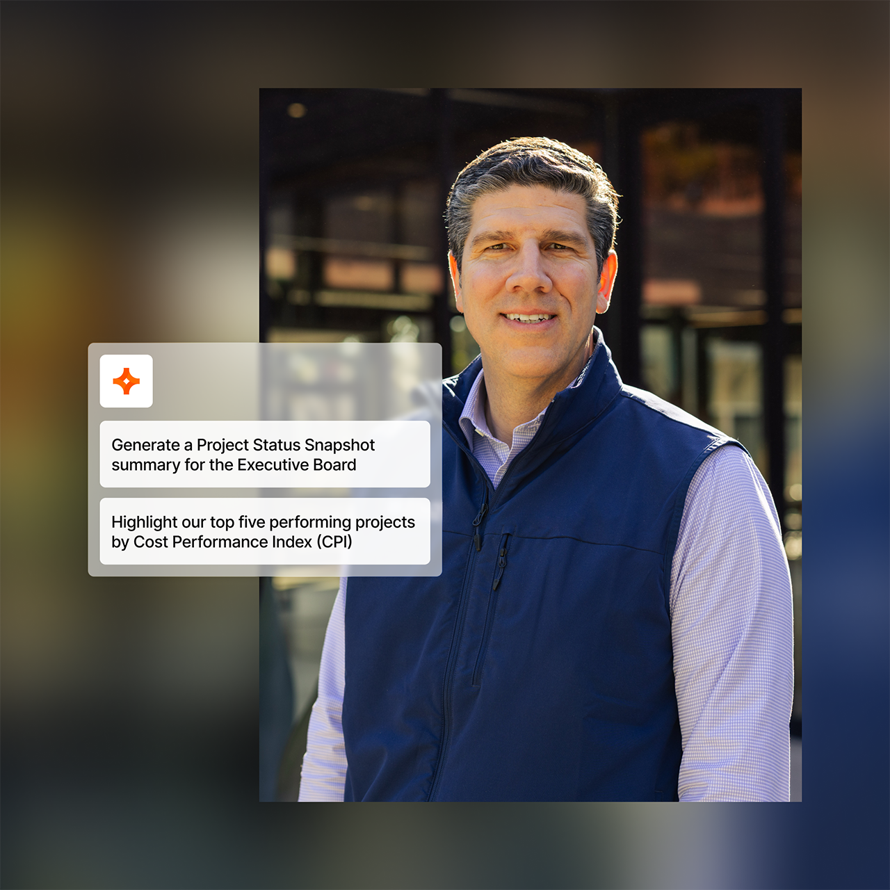 Man in blue vest and light shirt smiling at camera with project status text overlay