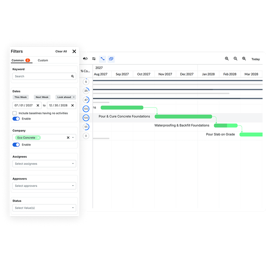 Project scheduling Gantt chart with construction tasks and filters panel.