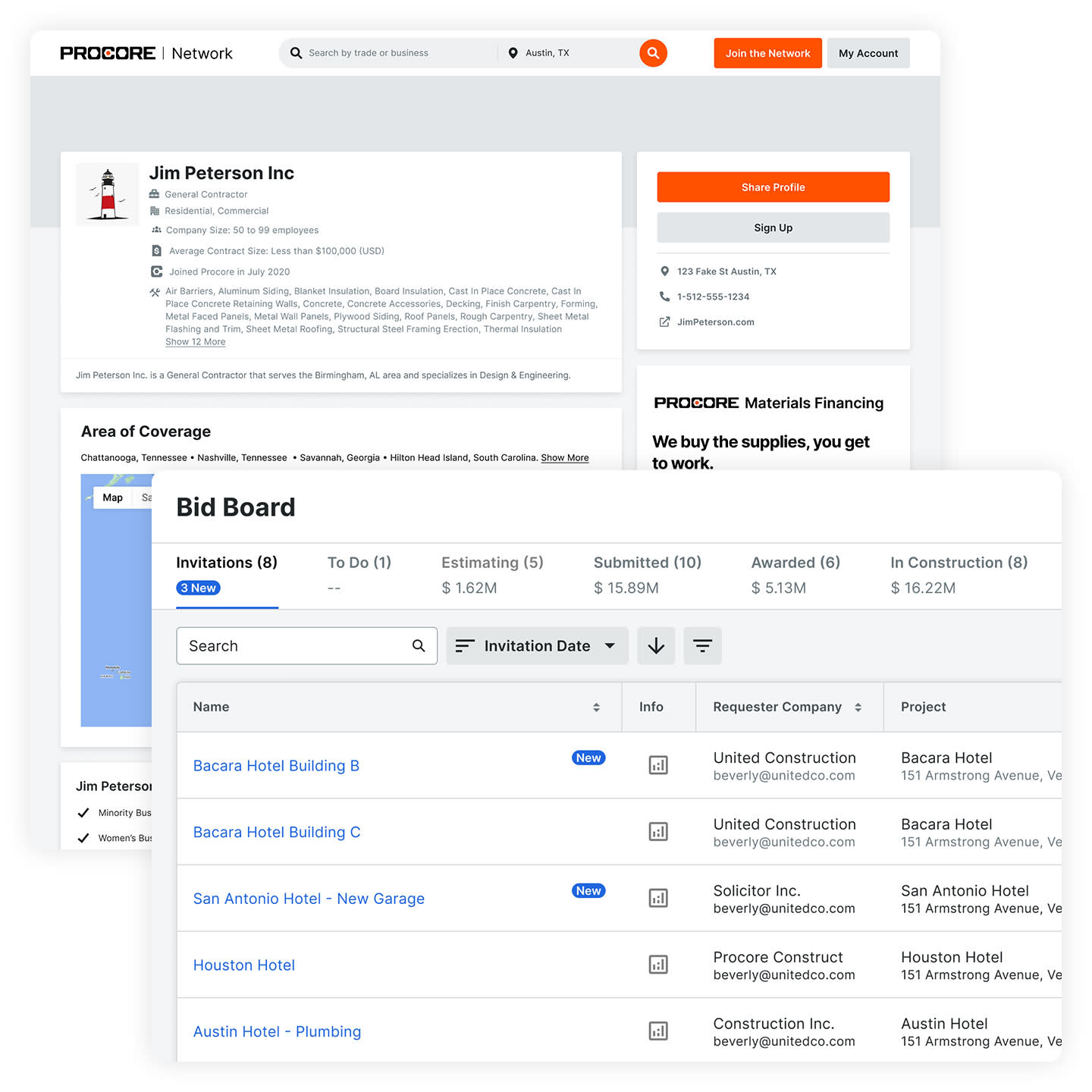 Procore Network and Bid work screens
